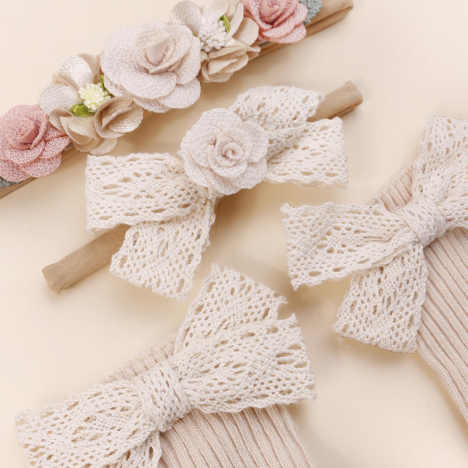 cherrboll Juego de diademas y calcetines para bebé, 3 unidades, suaves y florales, lazos para el pelo, calcetines de punto para recién nacidos, niños pequeños, accesorios de fotografía, regalos