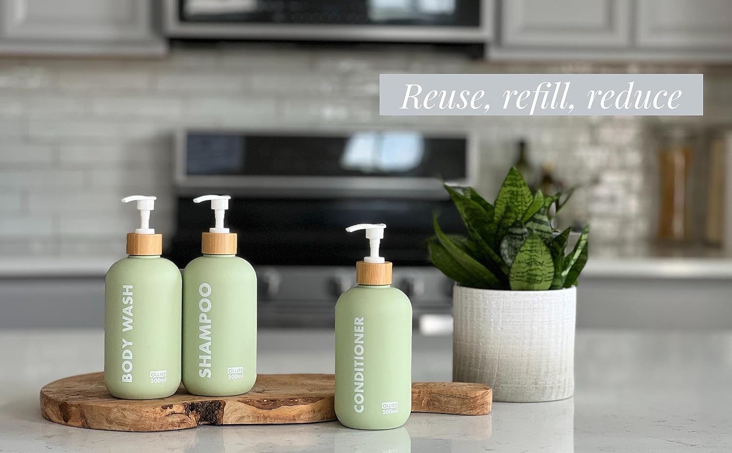 OLLIES Shampoo and Conditioner Dispenser, Shower Soap Dispenser for Bathroom-Set of 3 with Permanent Stylish Label-17oz, 500ml Refillable Shampoo and Conditioner Bottles Green - Image 4