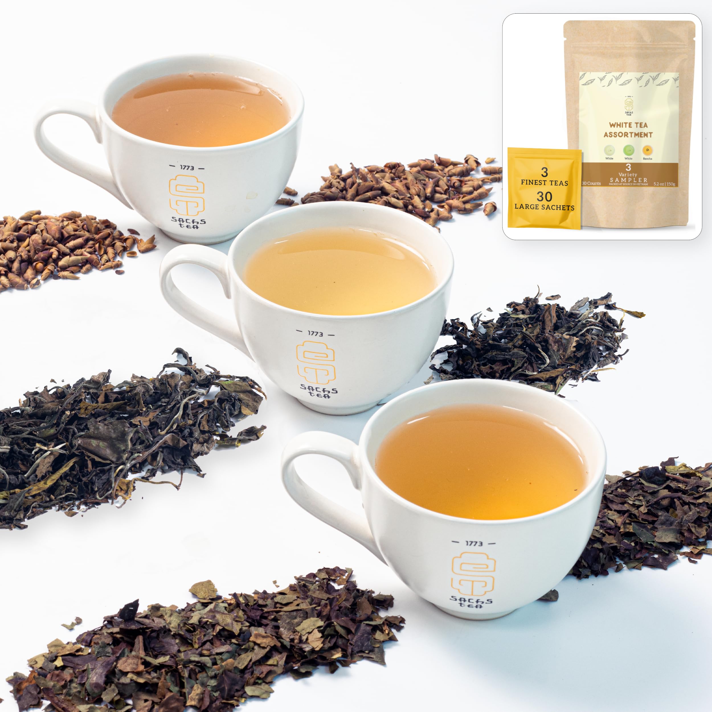 SACHS TEA 1773- 100% Natural, Pure & Unblended Organic White Teas Assortment, Teas Sampler | High Caffeine & Rich Flavor – Strong and Smooth – Sugar-Free, NON-GMO, Keto (Pack of 30 Large Handcrafted Sachets, 2.6oz)