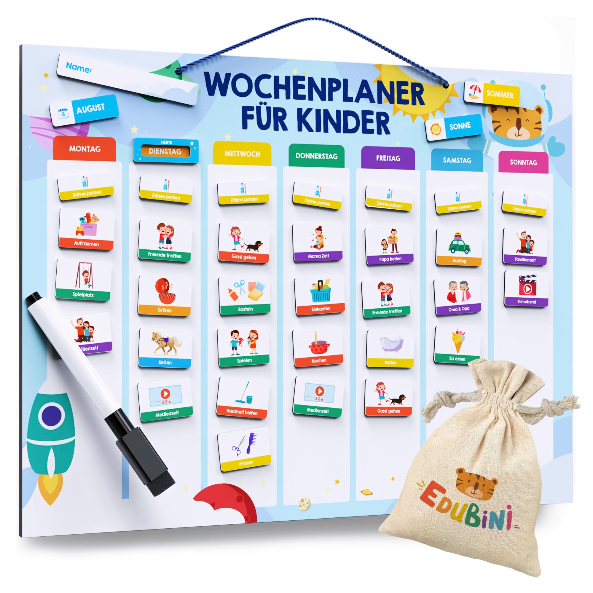 Edubini Wochenplaner Kinder - [223 Magnete + 150 Sticker] - Routine Planer Kinder für Struktur im Alltag - Montessori Magnettafel, Tagesplaner, Aufgabentafel, Belohnungstafel - (inkl. Tasche, Stift)