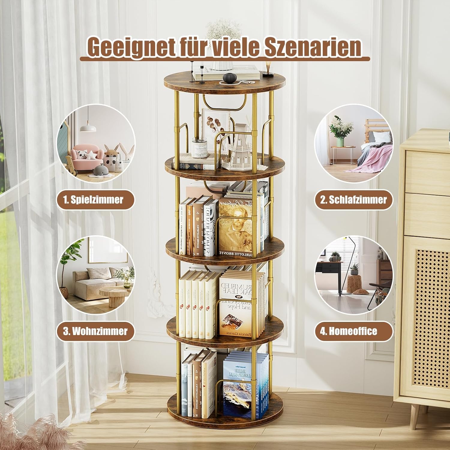 Flycity 360° draaibare boekenkast van hout, staand rek met 3