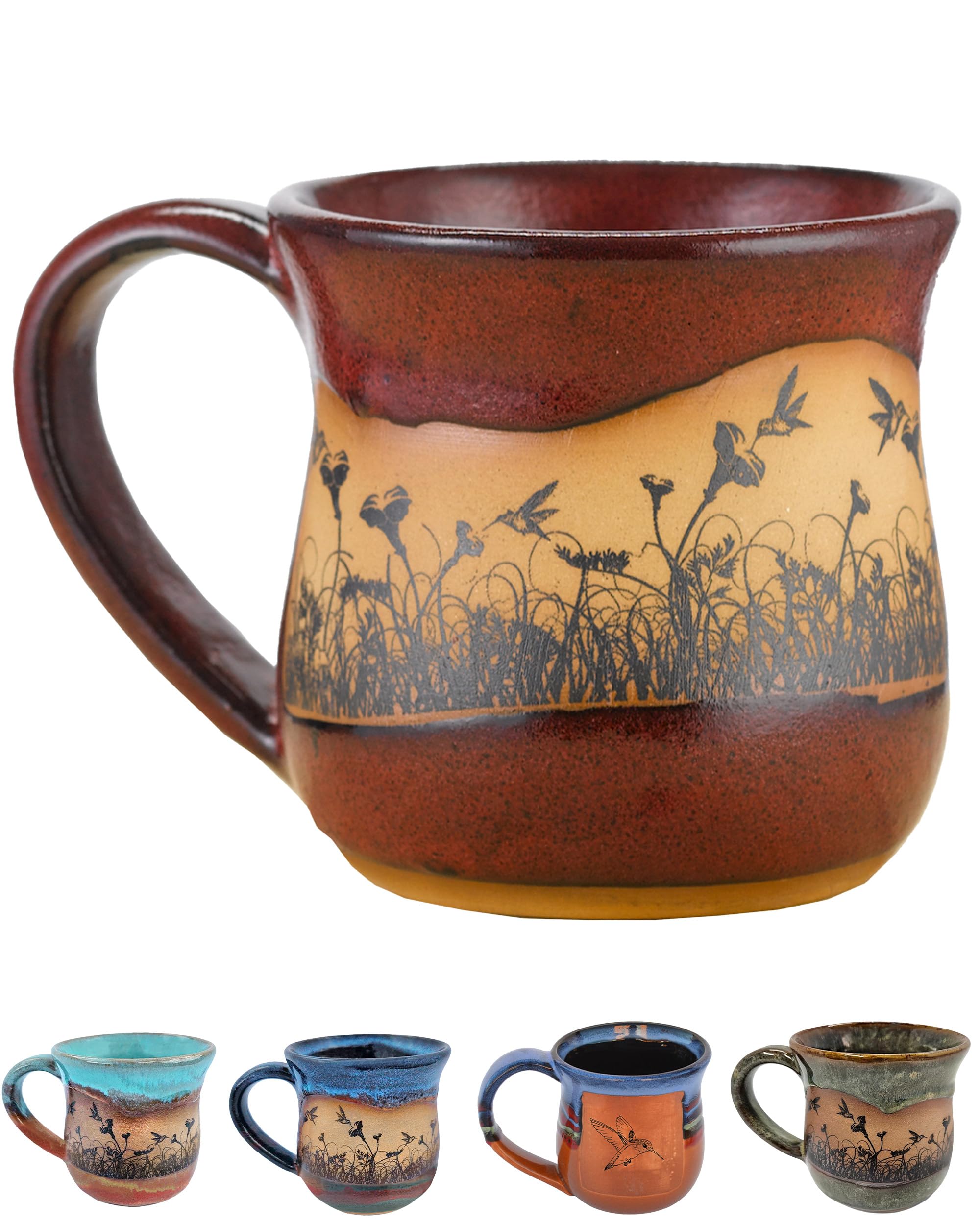 Handmade Ceramic Coffee Mug - Always Azul Hummingbirdscape 14oz Coffee Mug - Oven, Dishwasher, & Microwave Safe Mug - Kitchen Essentials Made in Colorado, Real Red