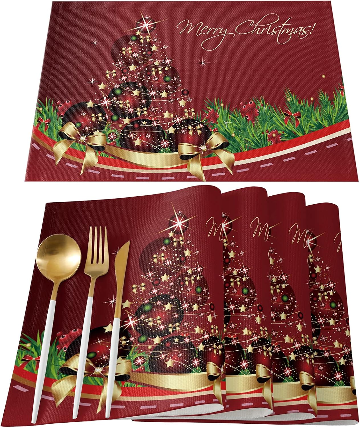 Christmas Tree Placemats Set of 6 Red Gold Indoor Place Mats for Kitchen Table, Pine