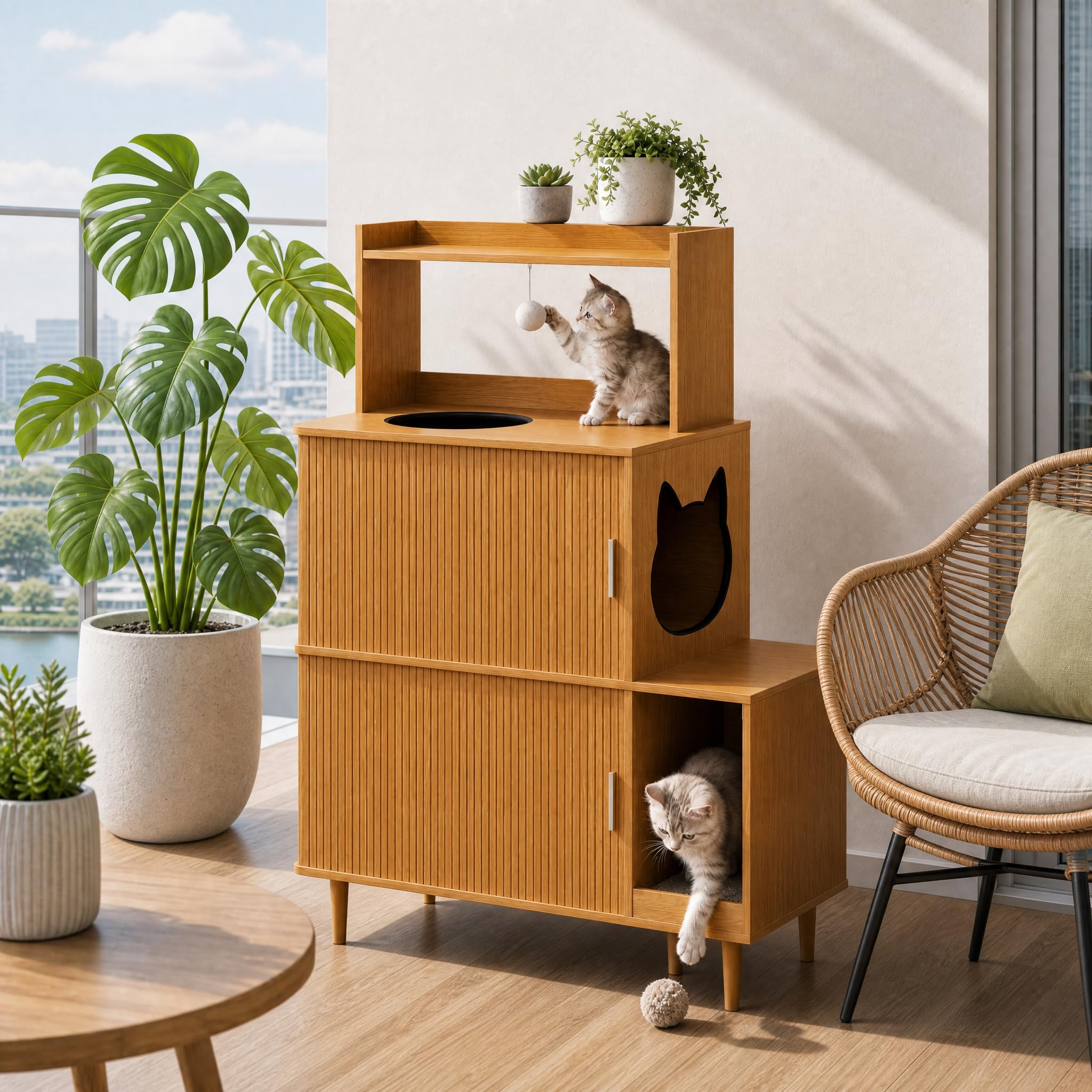 DHH Double Cat Litter Box Enclosure Furniture for 2 Cats,Large Litter Box Hidden Furniture with Scratching Pad and Sliding Door,2 in 1 Pet Modern Cabinet with 2 Dangling Plush Balls(Yellow Oak)