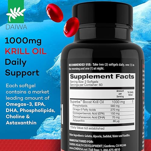 Miniatura 3 de Daiwa Super Krill Oil 1000mg cápsulas blandas con Superba Boost - Suplemento EPA DHA Omega 3 6 9 con astaxantina para la salud de las