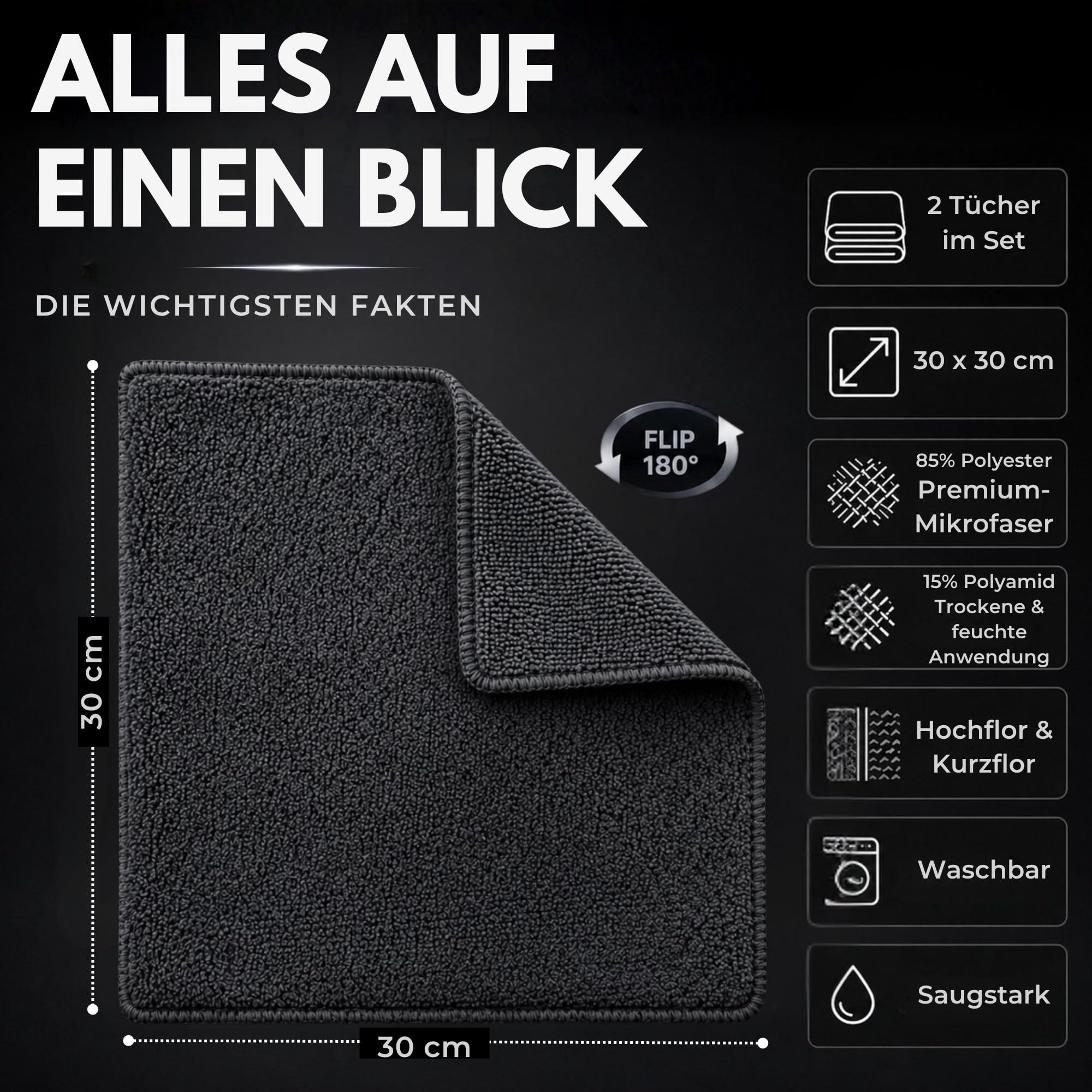 2er Set Premium-Mikrofasertücher Graphitgrau, Flip & Shine | 2 Profi-Tücher 30x30 cm mit Hochflor- & Polierseite | Ideal für Matte & hochglänzende Küchenoberflächen