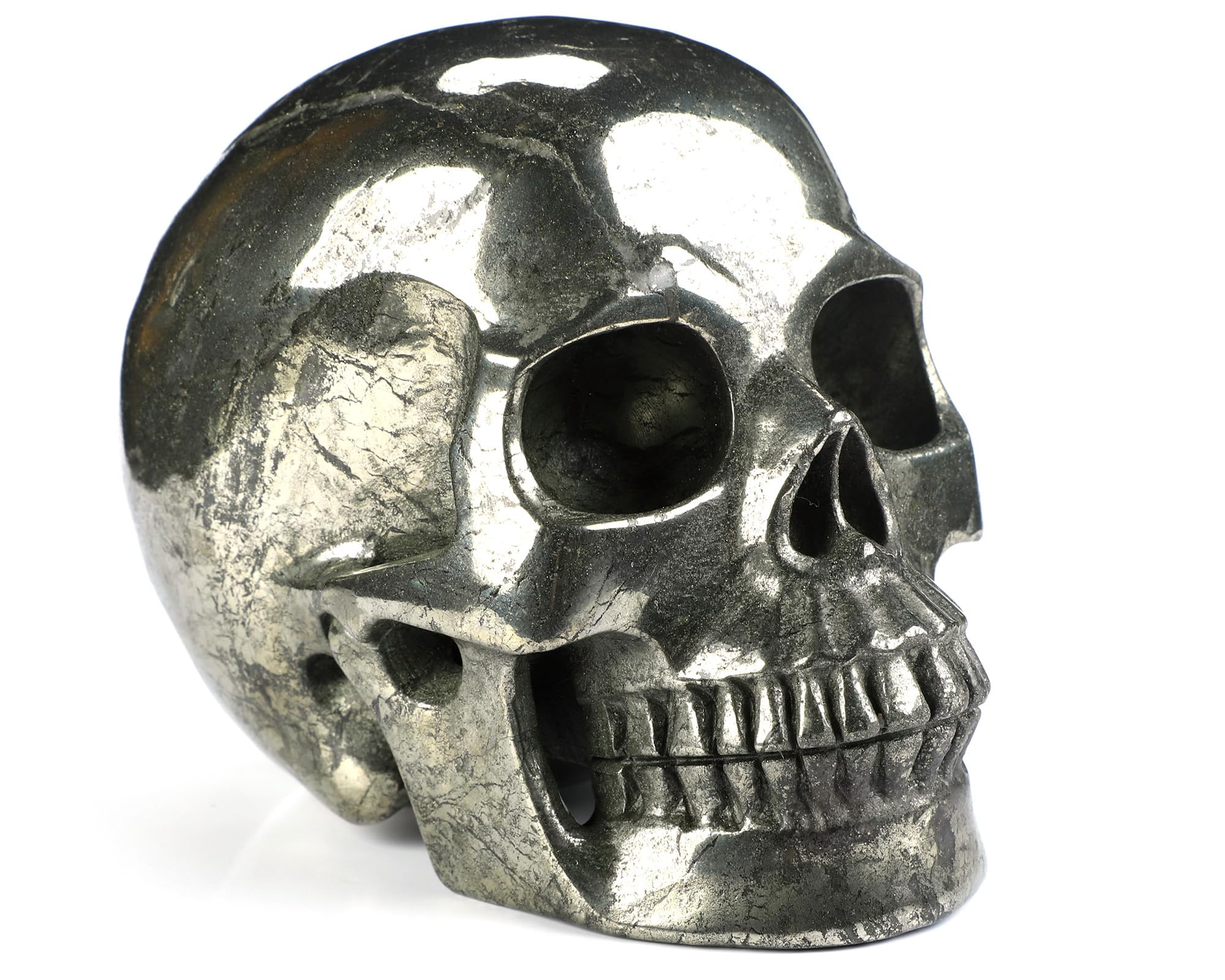 Skullis 5.0" Pyrite Crystal Skull, Hand Carved Gemstone Fine Art Sculpture, Reiki Healing Stone Statue.3305..