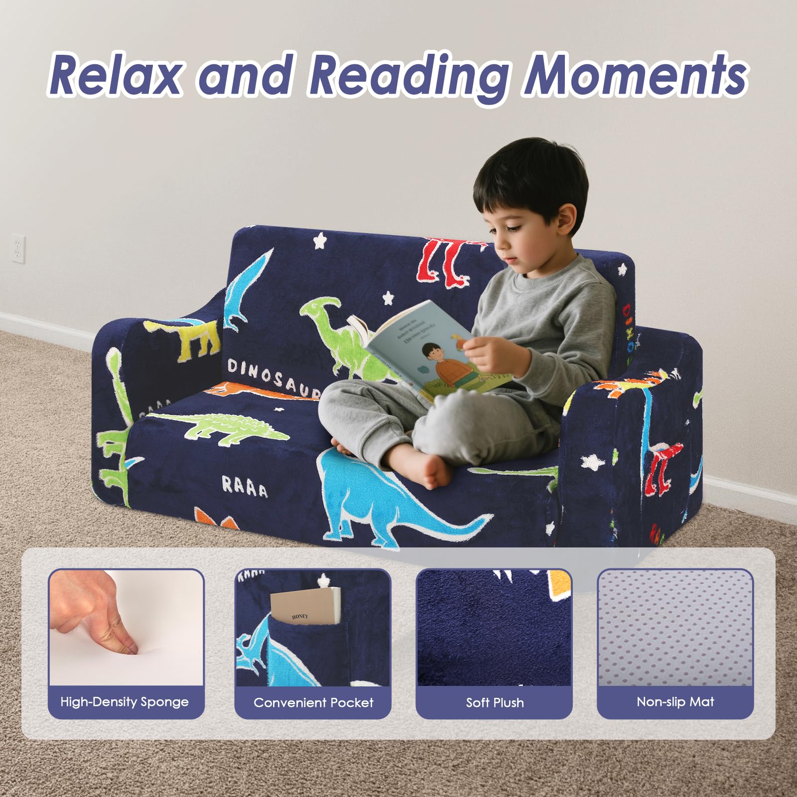 Canapé Enfants Convertible Sofa Bed 2 en 1, Pliant Fauteuil Enfant 2 Places pour Filles et Garçons, Briller dans Le Noir Canapé Lit pour Chambre Coin Lecture Salon,Dinosaurus