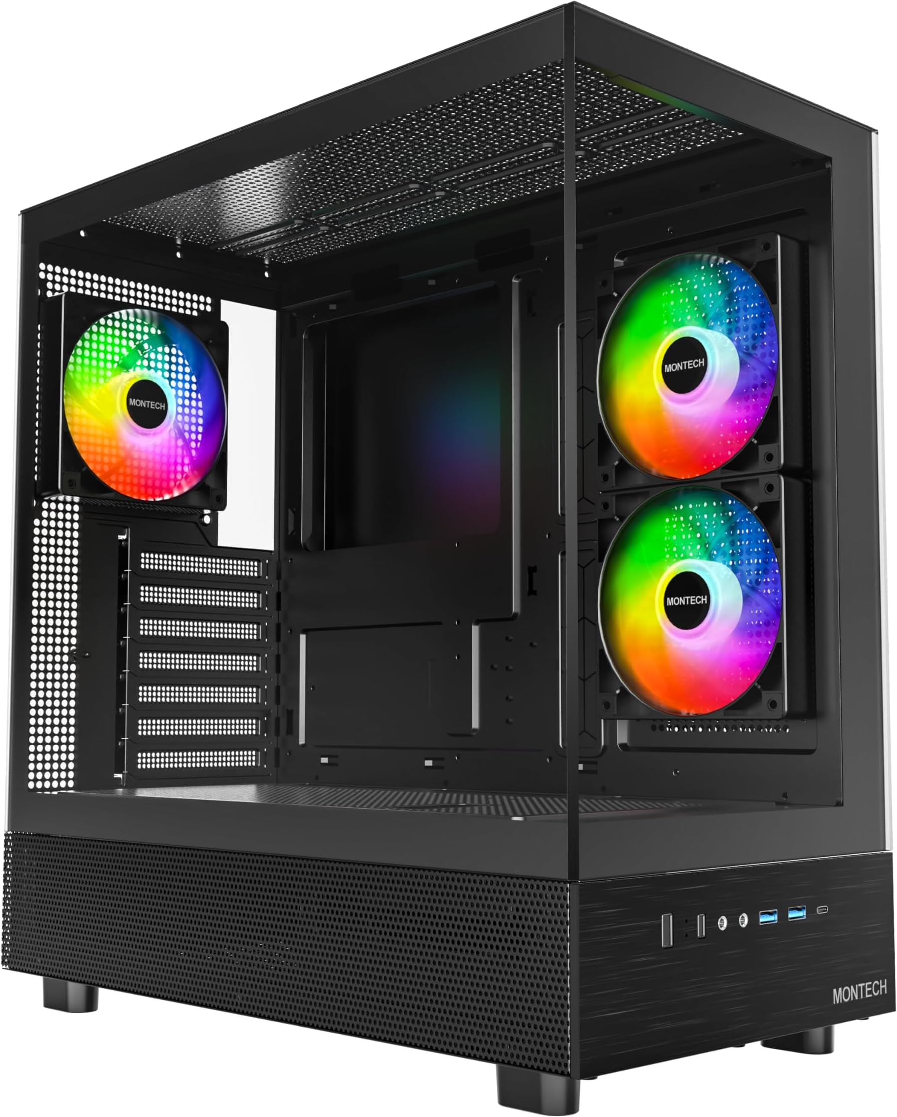 MONTECH XR-B, ATX Mid-Tower PC Gaming Case, 3x120mm ARGB PWM Fans Pre-Installed, Full-View Dual Tempered Glass Panel, Wood-Grain Design I/O Interface, 4090 GPUs, 360mm Radiator Support, Black