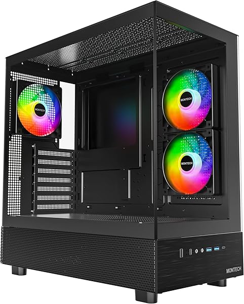 MONTECH XR-B, ATX Mid-Tower PC Gaming Case, 3x120mm ARGB PWM Fans Pre-Installed, Full-View Dual Tempered Glass Panel, Wood-Grain Design I/O Interface, 4090 GPUs, 360mm Radiator Support, Black