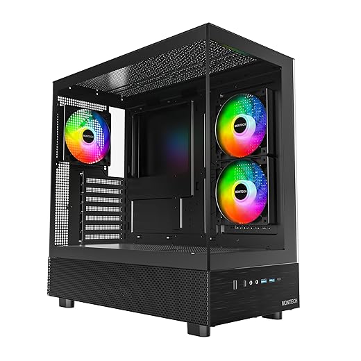 MONTECH XR-B, ATX Mid-Tower PC Gaming Case, 3x120mm ARGB PWM Fans Pre-Installed, Full-View Dual Tempered Glass Panel, Wood-Grain Design I/O Interface, 4090 GPUs, 360mm Radiator Support, Black