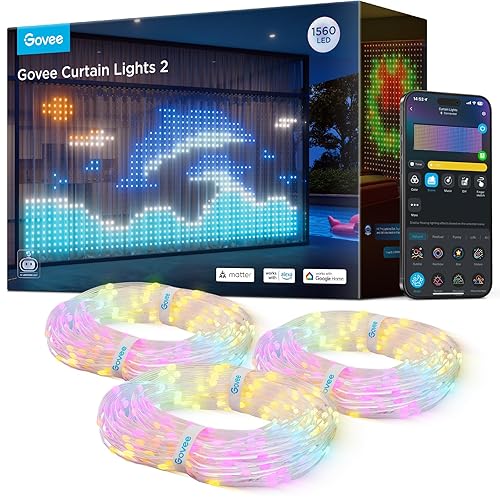 Govee Curtain Lights 2, Smart LED Curtain Light with DIY GIF AIGC, 1560 LEDs, RGBIC Color Changing Holiday Lights for Bedroom Window New Year Dynamic Decor, Outdoor IP65 Waterproof, 14.8×6.6ft - 14.8 x 6.6FT