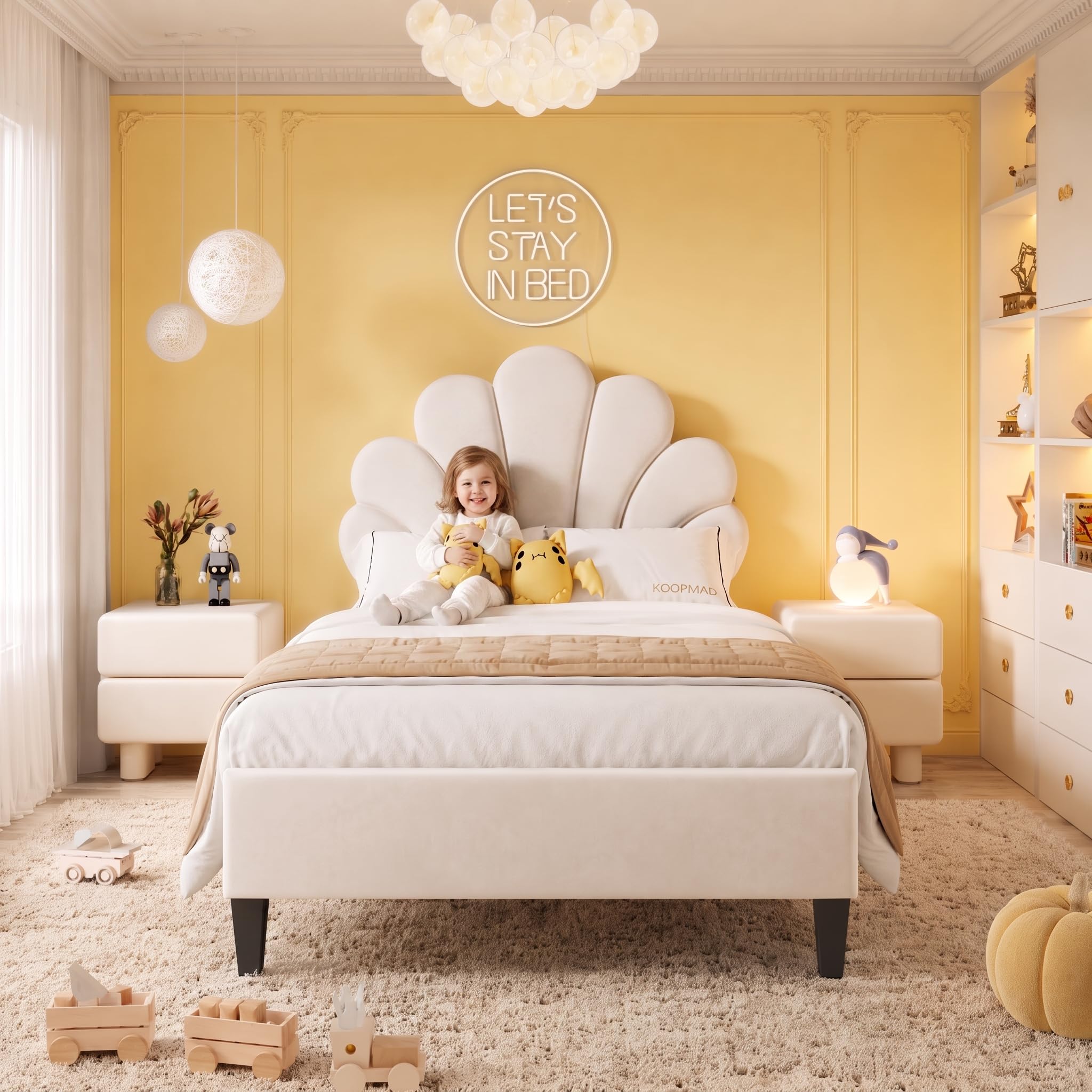 KOOPMAD Single Bed Frame 90×190cm,Kids Bed with Petal Shaped Headboard,Upholstered Bed with Adjustable Headboard,Children's Bed Frame for Girl,Velvet, Beige (No Mattress)