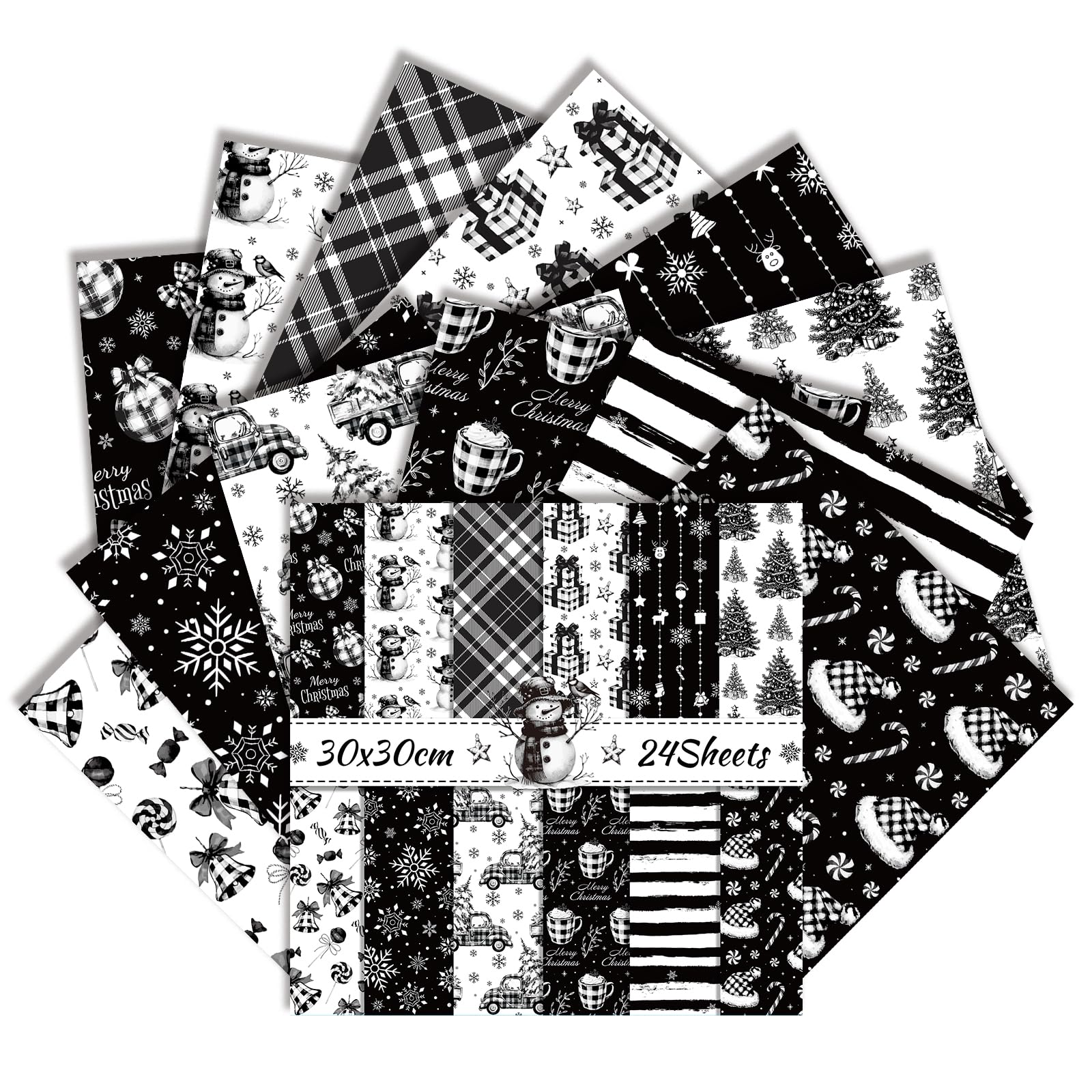 24 Sheets Christmas Scrapbook Paper 11.8x11.8 Inch Double Sided Holiday Craft Paper for Card Making Journaling Photo Albums Home Decor (Black, 30×30cm)