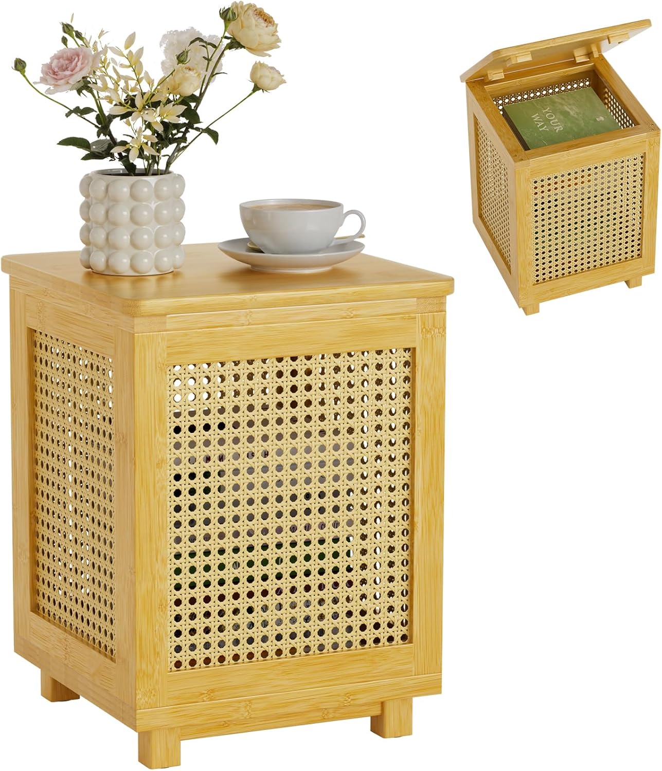 End Table for Living Room, Small Side Table with Storage, Bamboo Rattan Weave with Removable Cushion Top, Multifunctional Nightstand Ottoman Footrest Seat & Organizer for Bedroom, Office