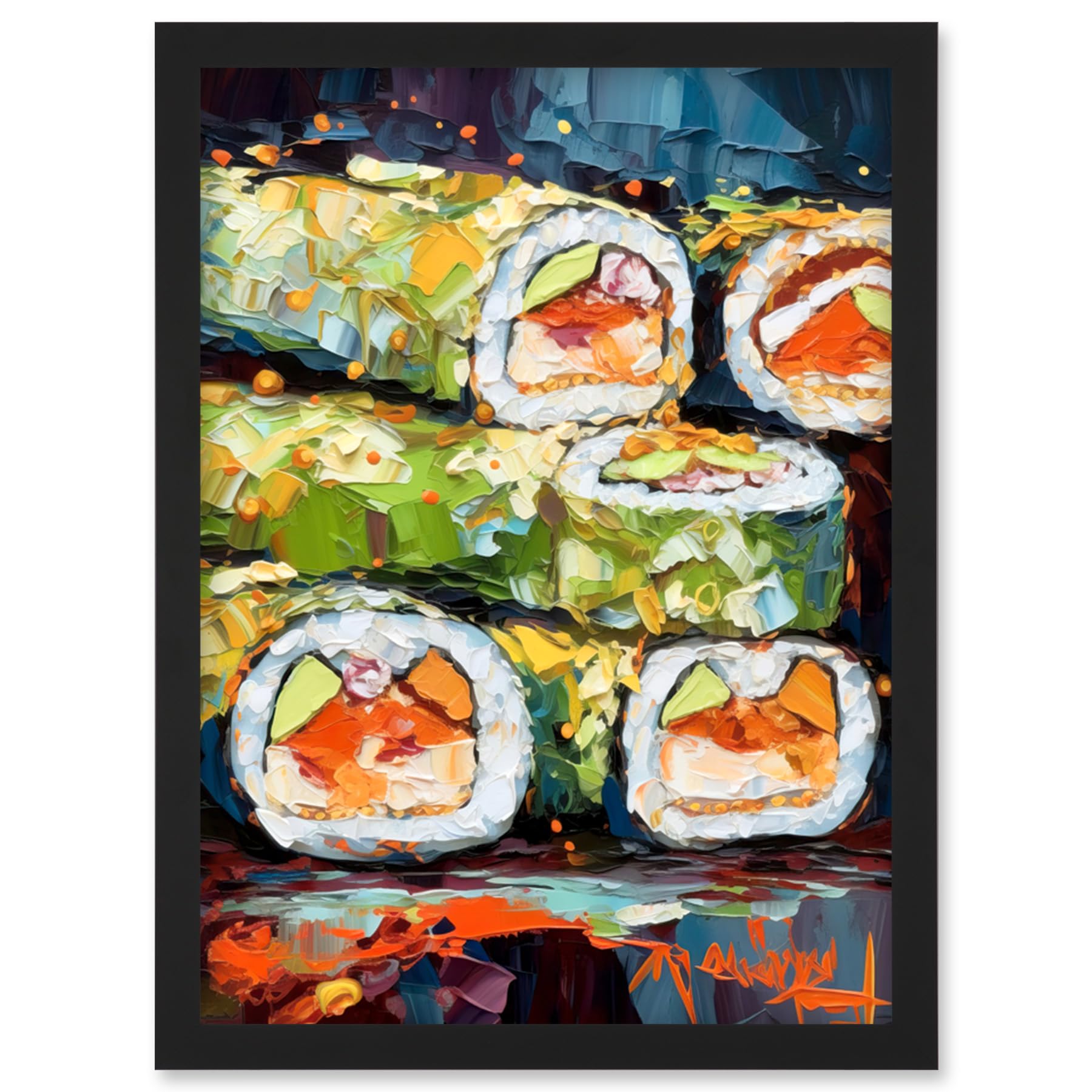 Artery8 Vibrant Japanese Cuisine Sushi Roll Oil Painting Artwork Framed Wall Art Print A4