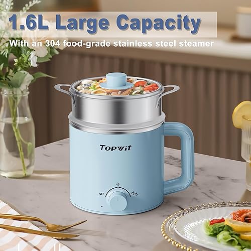 Miniatura 4 de Topwit Cocina eléctrica con vapor, olla de ramen de 1.6 L y hervidor eléctrico de agua caliente de vidrio de 1 litro