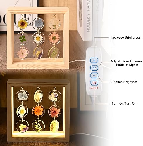 Miniatura 5 de SMUK Lámpara de mesa LED de flores secas, hecha a mano, estética, de 3 vías, regulable, decorativa, con marco de madera, para dormitorio, sala de