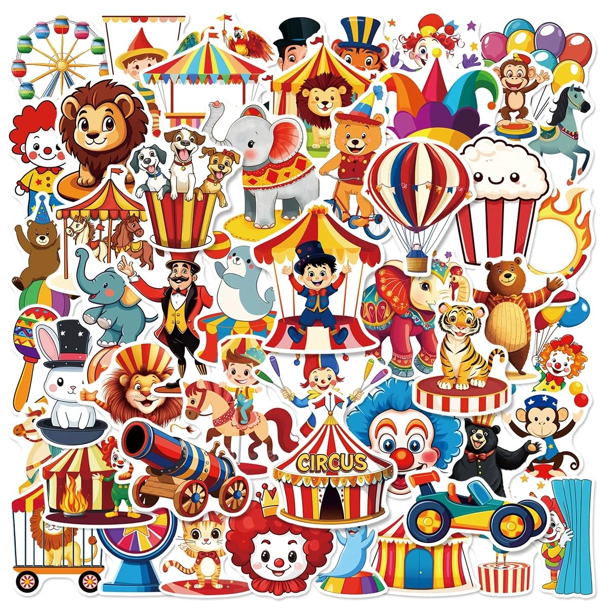 50 Pcs Circus Stickers for Kids Teens Adults Boys Girls Gift,Funny Circus Stickers Pack for Laptop,Skateboard,Luggage,Car,Bike,Cup,Computer,Water Bottle Decor,Vinyl Waterproof Decals