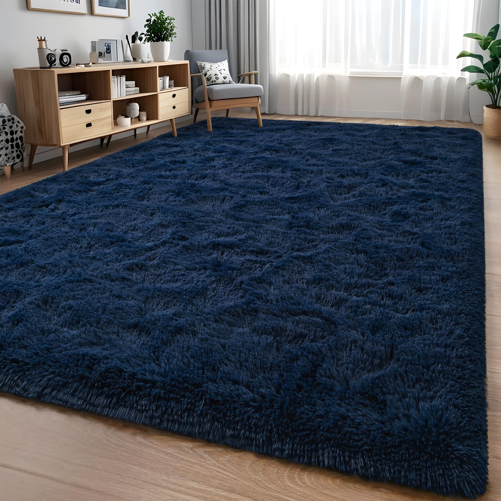 Nuttumico Fluffy Navy Blue Shag Area Rug for Bedroom Living Room, 5x8 ft Fuzzy Plush Rugs for Kids Girls Boys Room, Nursery Dorm Room, Office, Luxury