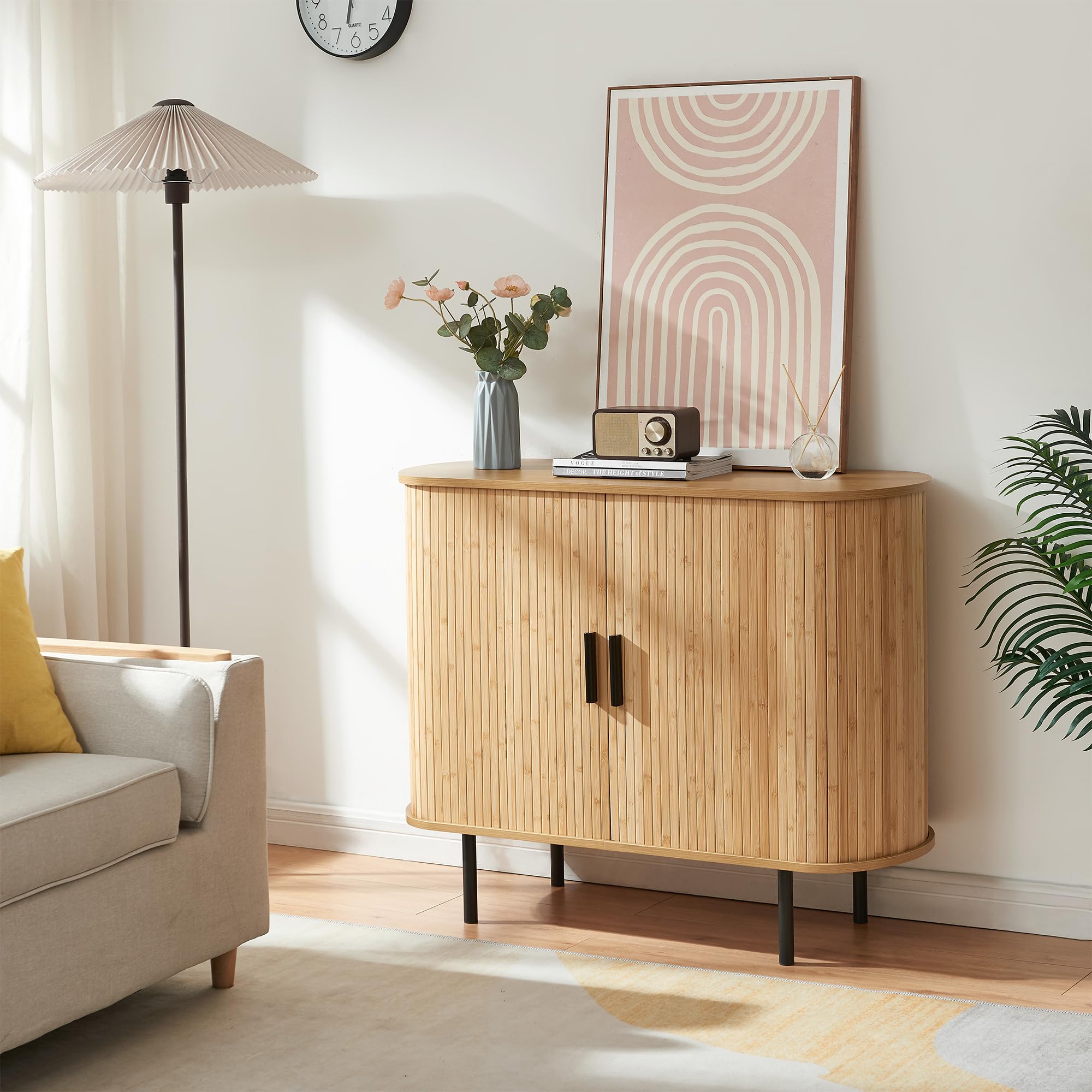 [en.casa] Mobile Multiuso a 2 Ante Scorrevoli in Bambù Scarpiera con 3 Ripiani Vani Portascarpe Comò Stretto Piano Ovale per Ingresso Soggiorno Camera da Letto 100x40x80 cm - Naturale/Nero