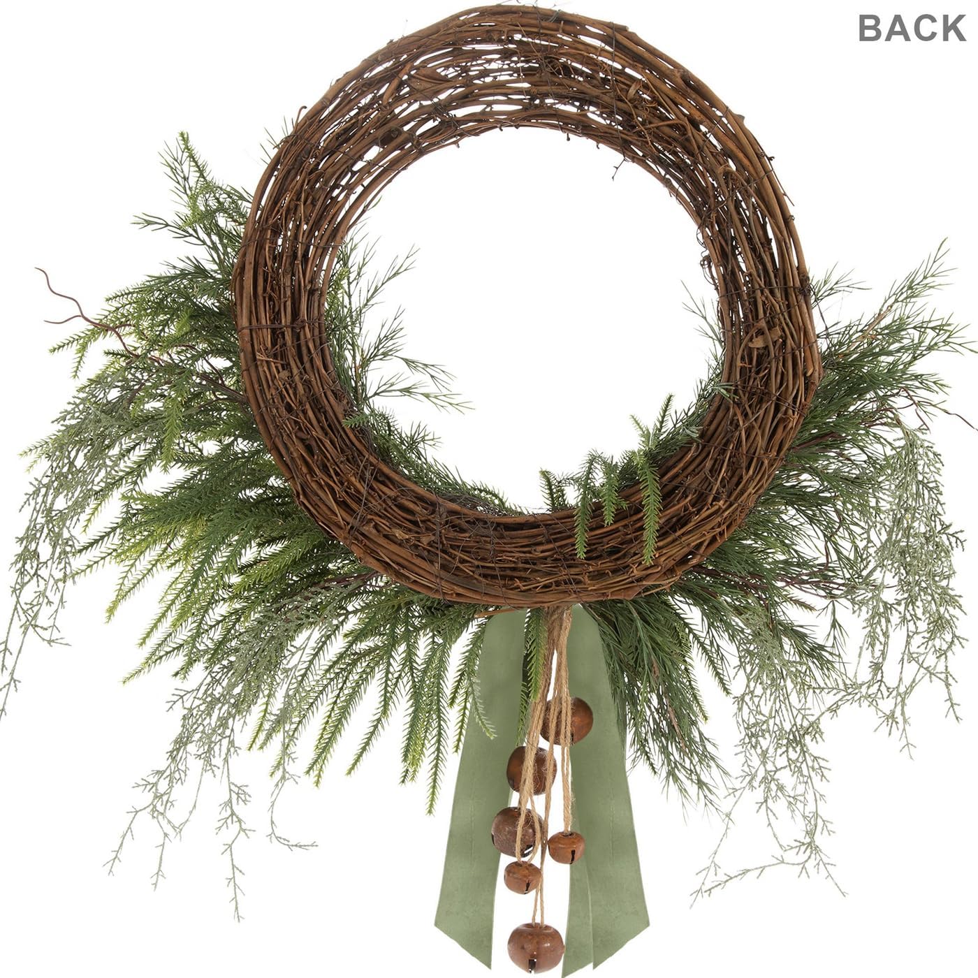 Hobby Lobby Cedar & Jingle Bells Half Wreath, 29 x 29 inches, Green Velvet Bow, Rustic Bells, Round Shape