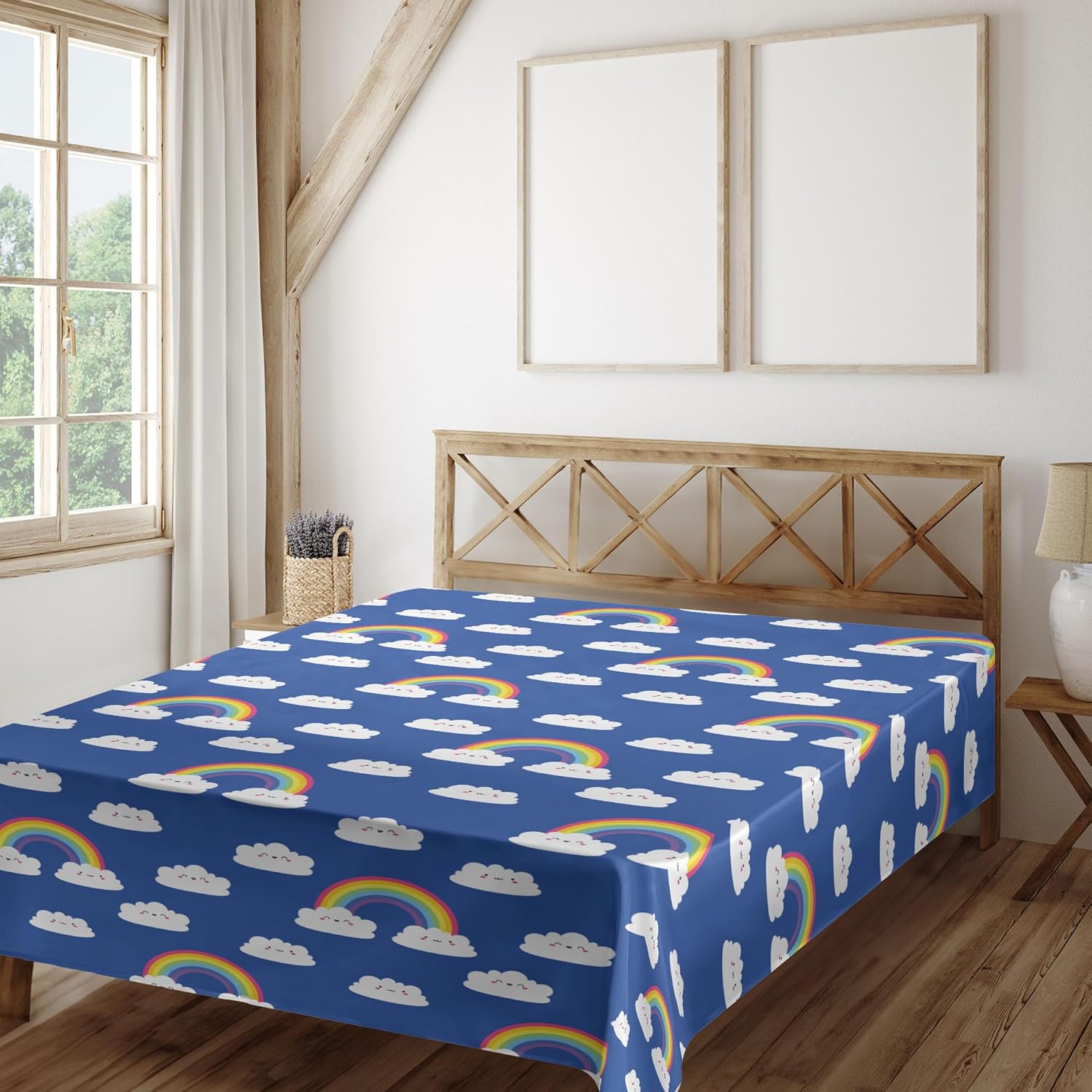 Ambesonne Cartoon Flat Sheet, Joyful Smiling Fluffy Rainbow Clouds in The Sky Happiness Themed Repetition, Soft Comfortable Top Sheet Decorative Bedding 1 Piece, Queen Size, Blue Multicolor