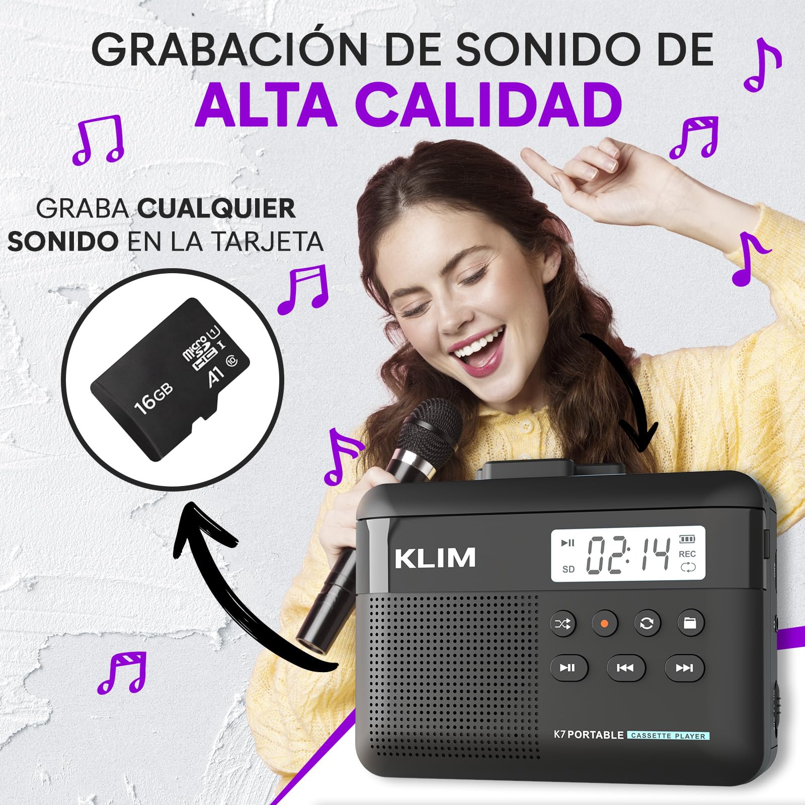 KLIM K7 Reproductor Cassette con Auriculares F1 - Conversor de Cassette a MP3 - Player Portátil con Micrófono y Altavoz Integrados - Batería Recargable - Auriculares - Tarjeta SD 16 GB - Negro