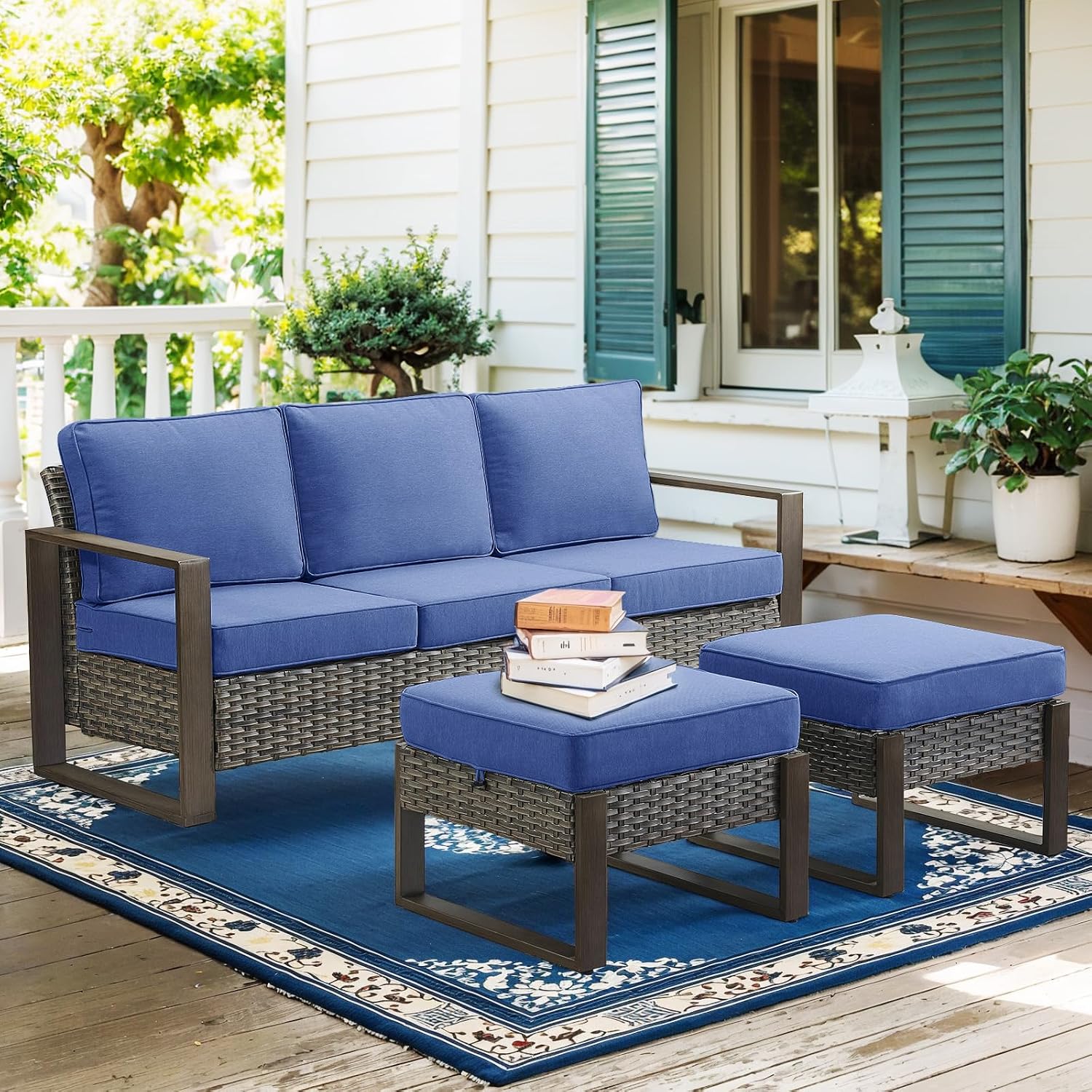 Belord Outdoor Couch Patio Furniture: Wicker Patio Sofa with Deep Seat High Back, 800Lbs Weight Capacity Oversize 3 Seater Rattan Couch with Wood Grain Lacquered Metal Frame (Grey/Blue)