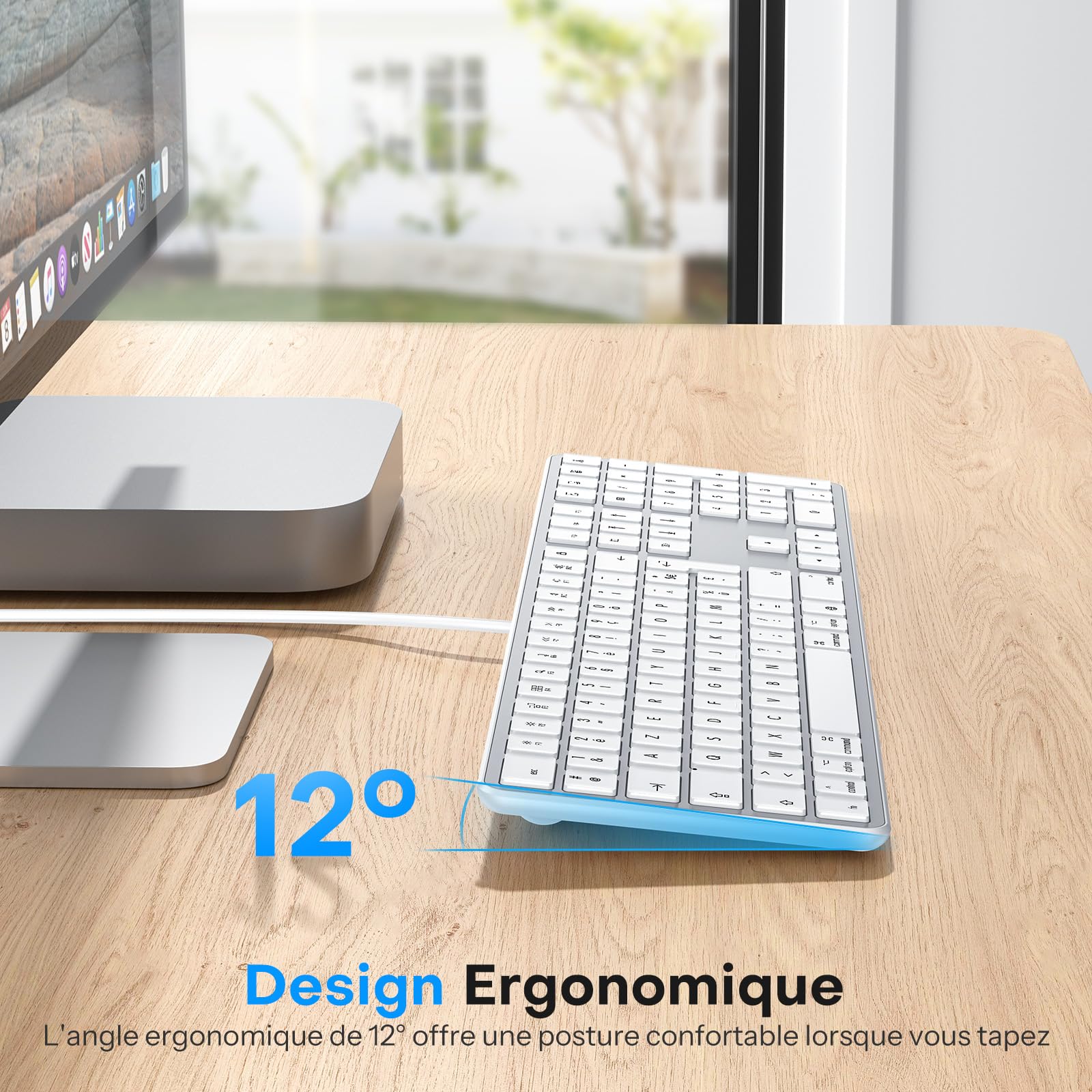 OMOTON Clavier Filaire pour Mac, Câble de Clavier avec Double Port (Type C/USB), AZERTY Français pavé Numérique, Compatible avec Apple Mac Pro/Mini, MacBook Air/Neo, iMac Pro, Argent