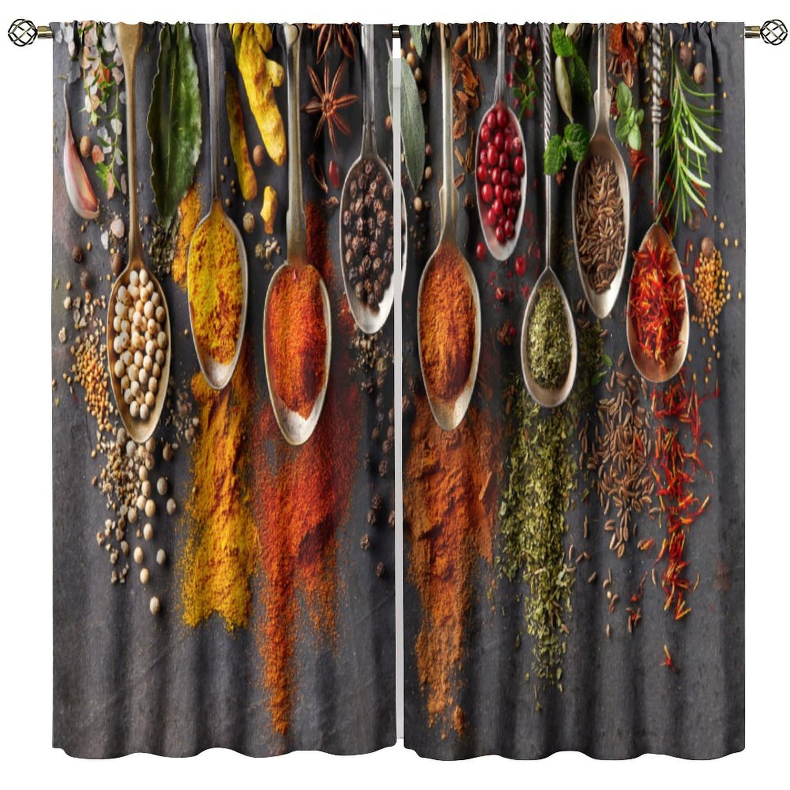 HZOHNAGO Seasoning Kitchen Curtains Colorful Rustic Farmhouse Spice Food Pattern Print Decor Rod Pocket Window Drapes for Bedroom Living Room 42x45in