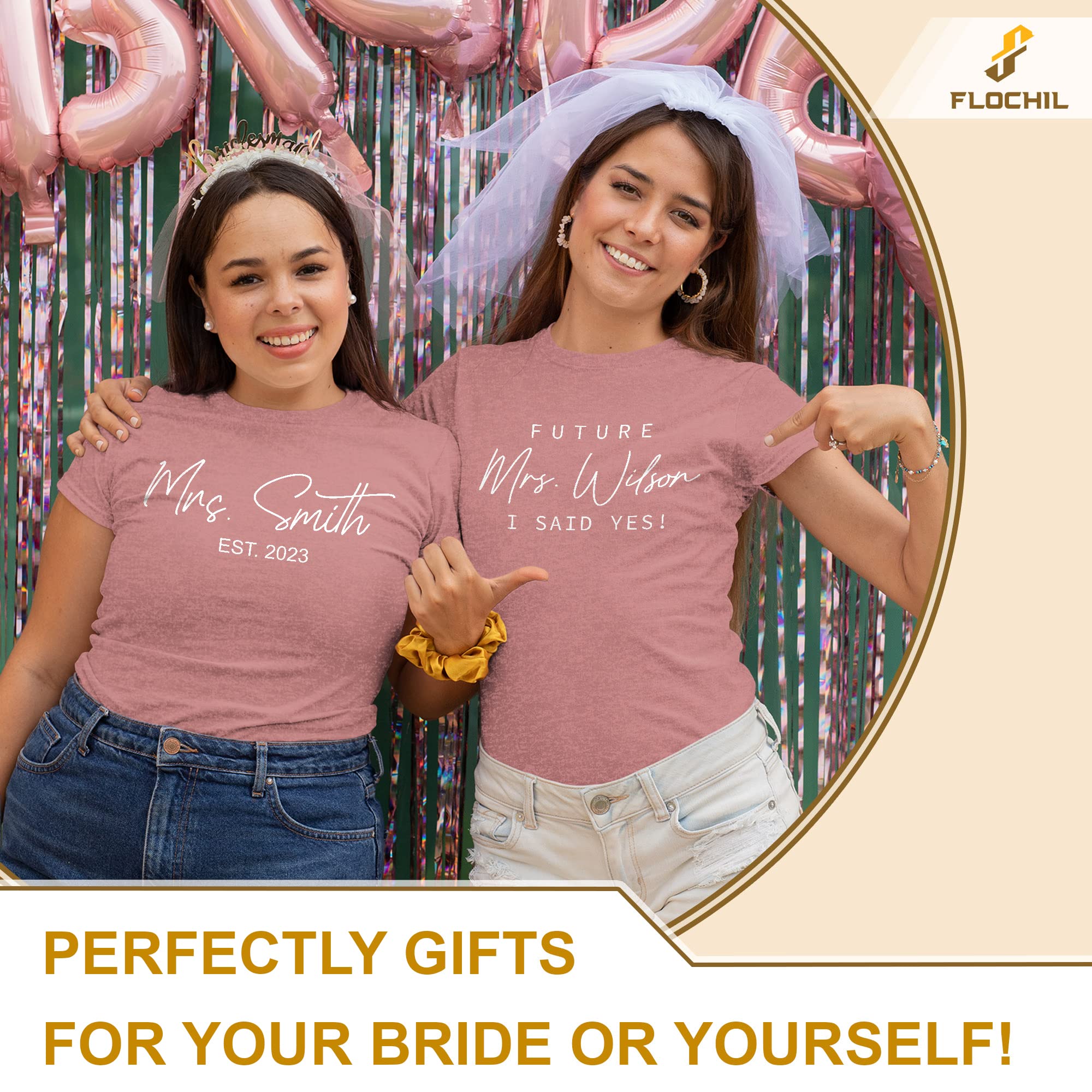 FLOCHIL Women's Future Mrs Personalized Wedding T-Shirt, Red, Small, Short Sleeve, Crew Neck, Ribbed Collar, Straight Hem, Modern Style, Wedding & Bridal Shower Construction