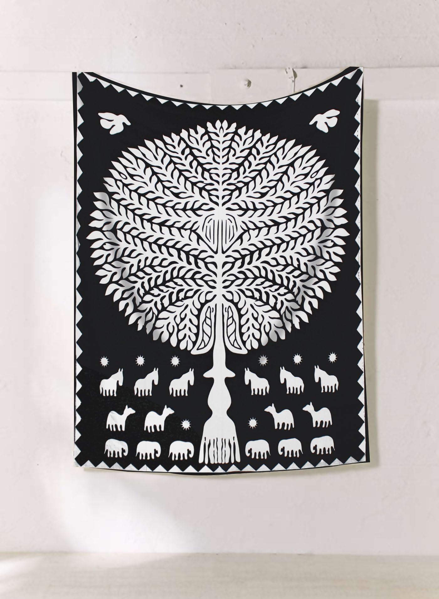 Mandala Decor Indian Wall hanging Tapestry Christmas Tree of Life Applique Style Printed Multipurpose Black & White Throw Size - 46x54 Inches