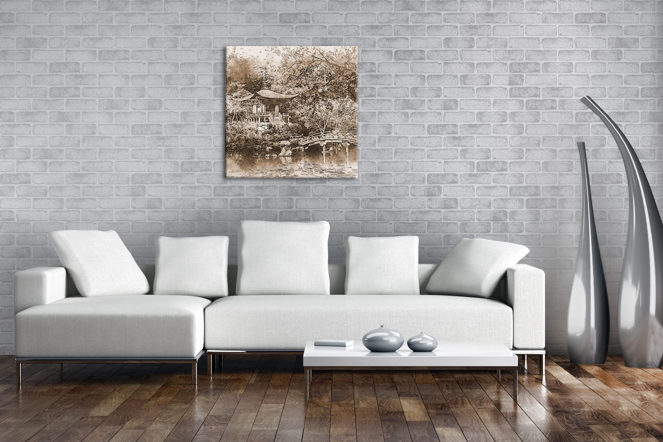 Effet jardin japonais traditionnel : sépia, format : 70 x 70 cm, motif monté sur cadre en bois véritable, impression numérique de haute qualité, pas de poster ni d'affiche.