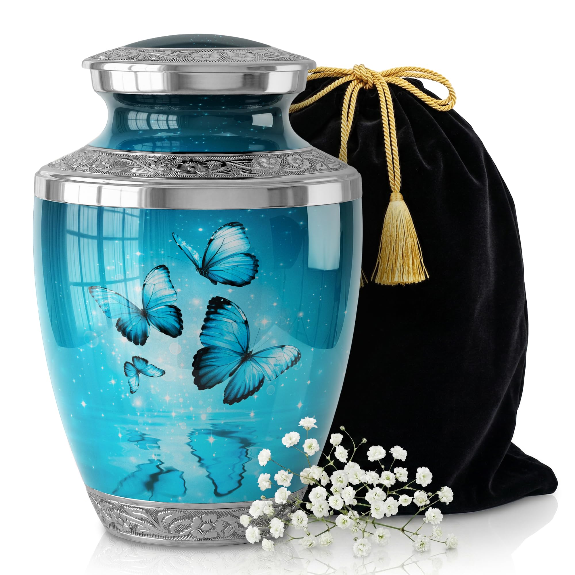 STONLIF Aqua Butterfly Urn for Female – Large 200 Cubic inches Adult Funeral Memorial Urn – Decorative Urn for Female – Burial or Home Display