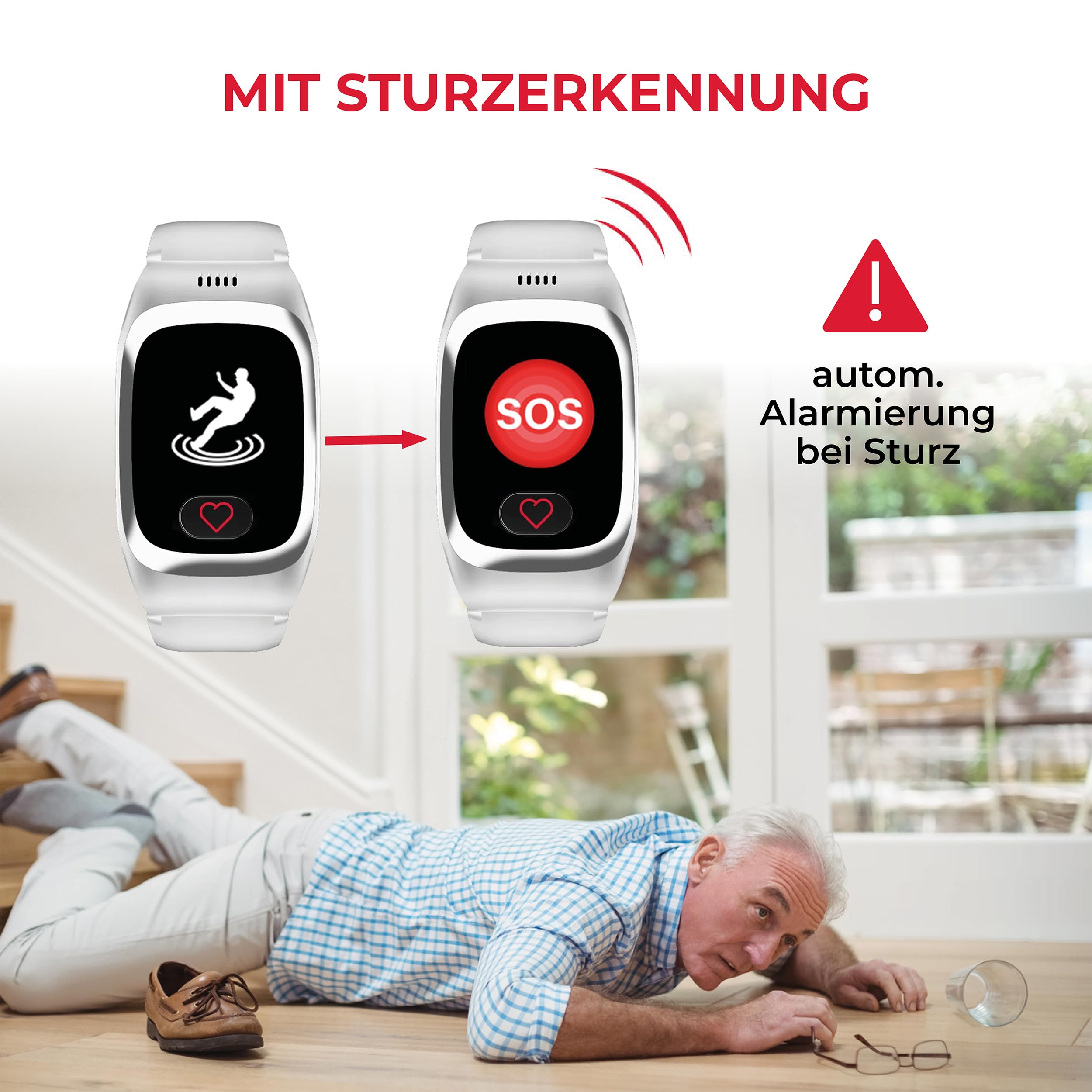 James B8 Notruf- & Sicherheitsuhr für Senioren (Weiss) mit GPS, Sturzerkennung, SOS-Knopf, Pulsmessung & Gesundheitsfunktionen, Familien-App, lauter Alarm, inkl. SIM-Karte & 2 Gratis-Monate Tarif