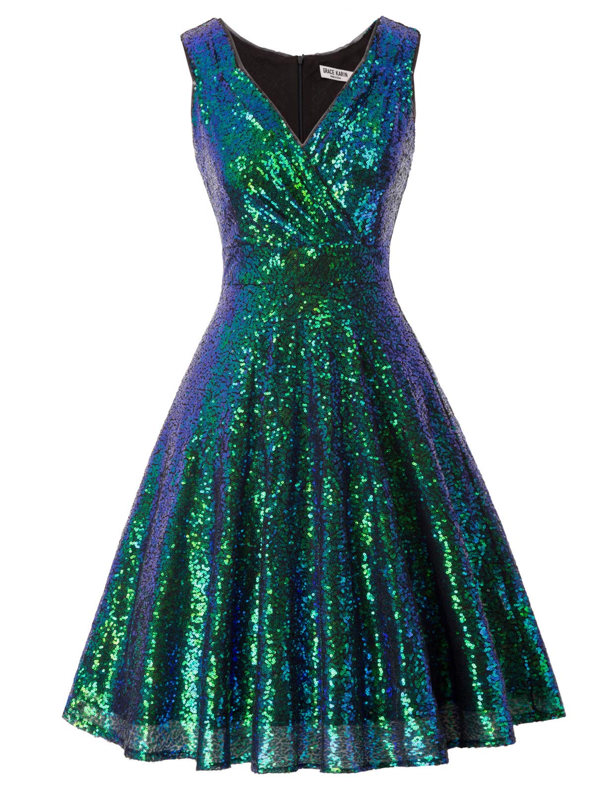 GRACE KARIN Femme Robe Cocktail Paillettes Col V sans Manches Evasée CL1061