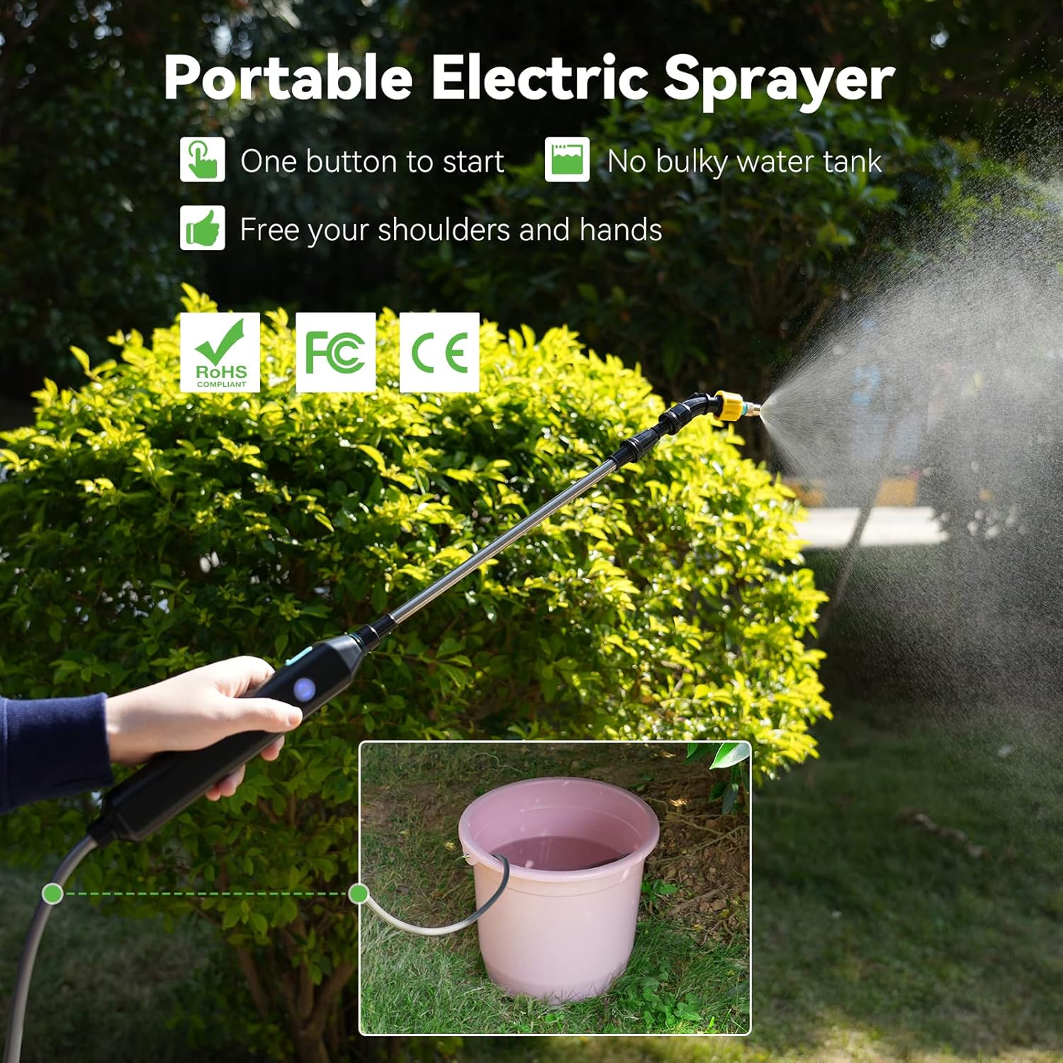 TOOVEM Electric Garden Sprayer, Portable Battery Powered Watering Wand, Rechargeable Plant Spray Mister with Telescopic Wand, 3 Adjustable Nozzles and 10ft Water Hose for Yard Lawn Weeds Plants - Image 3