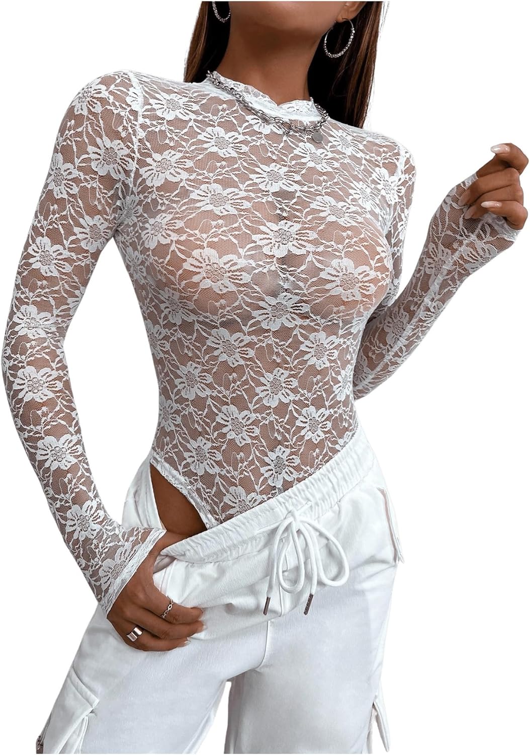 Women's Floral Long Sleeve Lace Bodysuit Mock Neck Mesh Sexy Tops See Through Sheer Bodysuit
