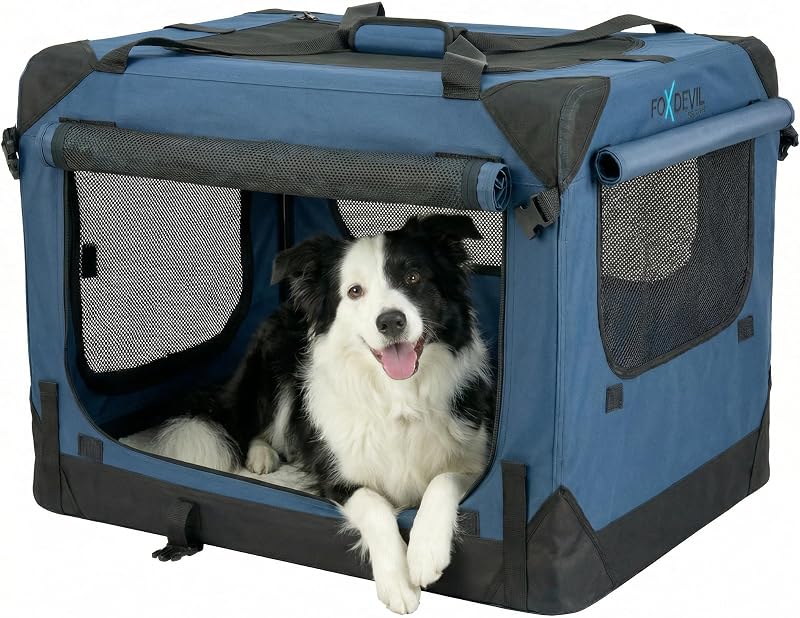 Foxdevil by xonic® Faltbare Hundebox/Katzenbox für mittelgroße Tiere – Hundetransportbox Auto und Zuhause – Transportbox Hund – Hundebox Auto Kofferraum (Blau, XXL)