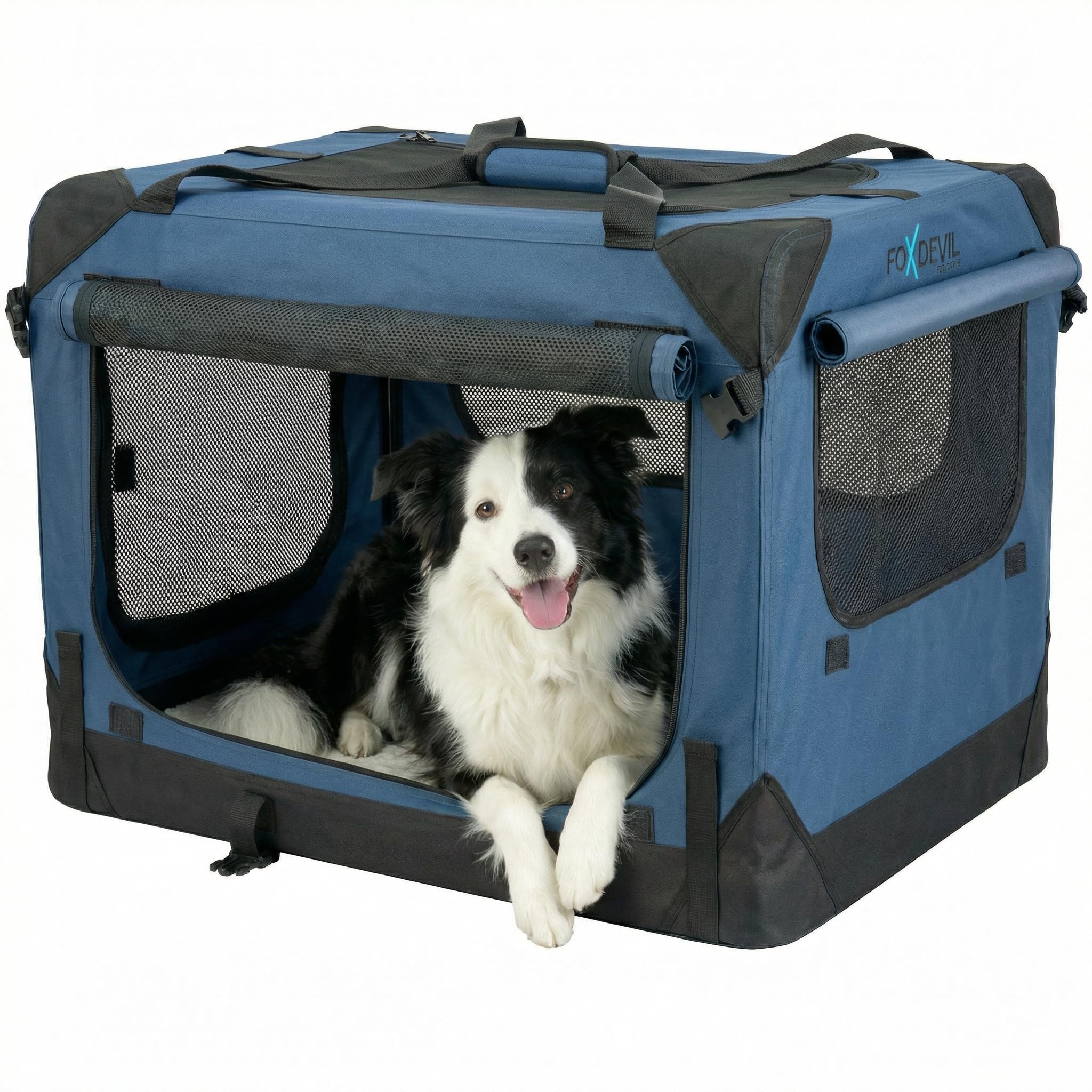 Foxdevil by xonic® Faltbare Hundebox/Katzenbox für mittelgroße Tiere – Hundetransportbox Auto und Zuhause – Transportbox Hund – Hundebox Auto Kofferraum (Blau, L)