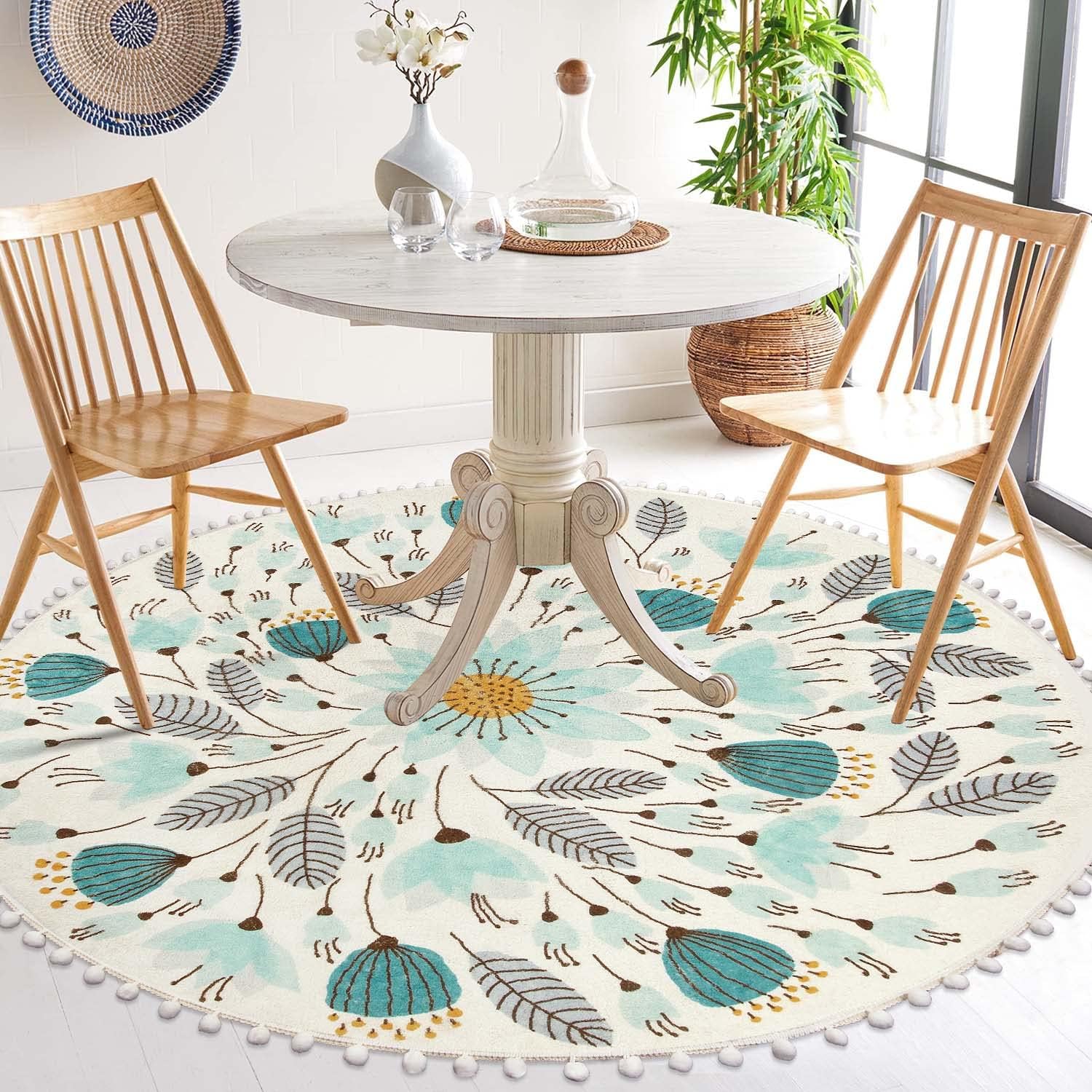Uphome Round Rug for Living Room 5.3ft Circle Cute Area Rug with Pom Poms Fringe Floral Plant Machine Washable Non-Slip Sofa Floor Mat Carpet for Entryway Bedroom Kid's Room Nursery