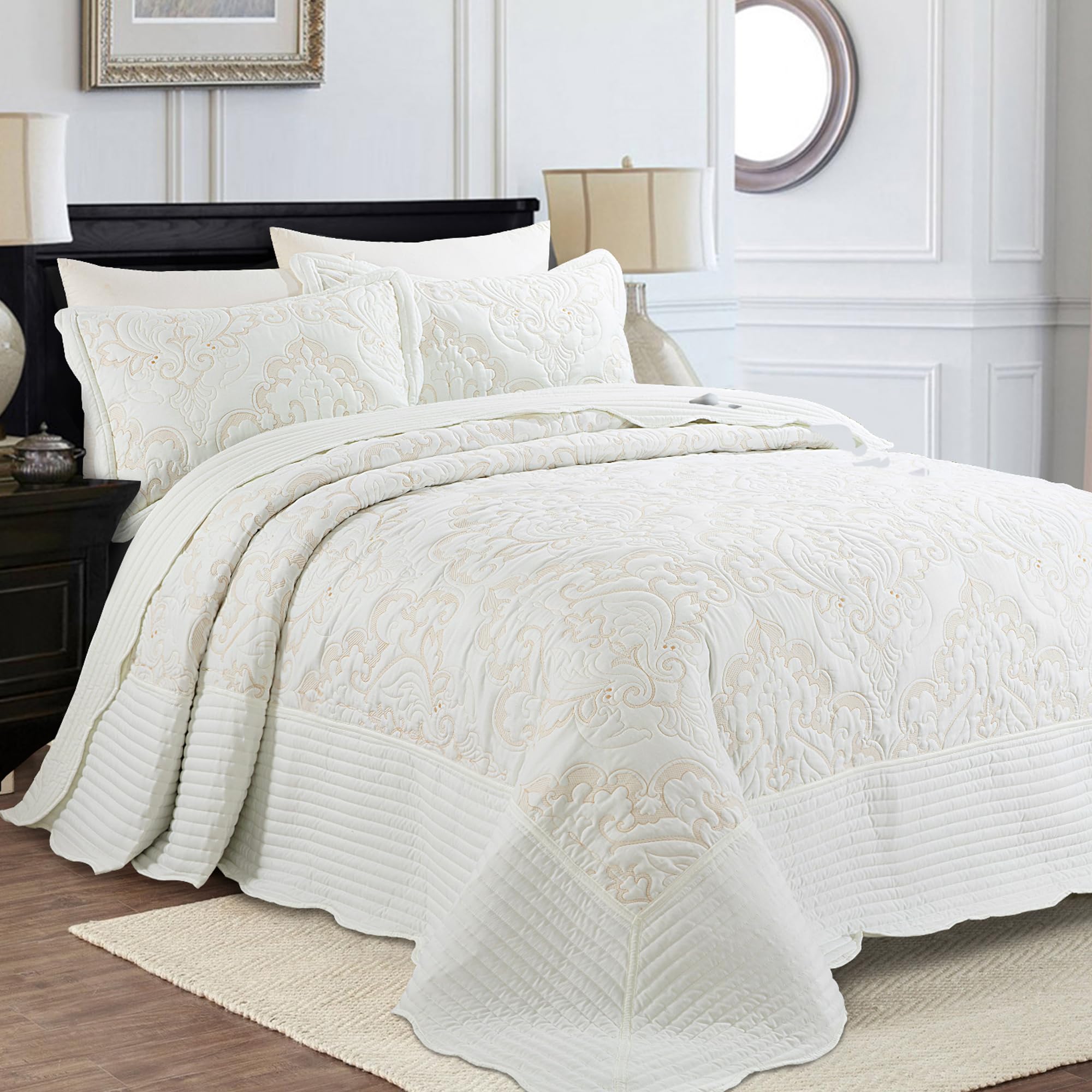 HOMBYS Oversized King 128x 120 Bedspread Coverlet Set, 3 Piece Golden Embroidery Lightweight Quilt Bedding Set with Matching Shams, Ivory