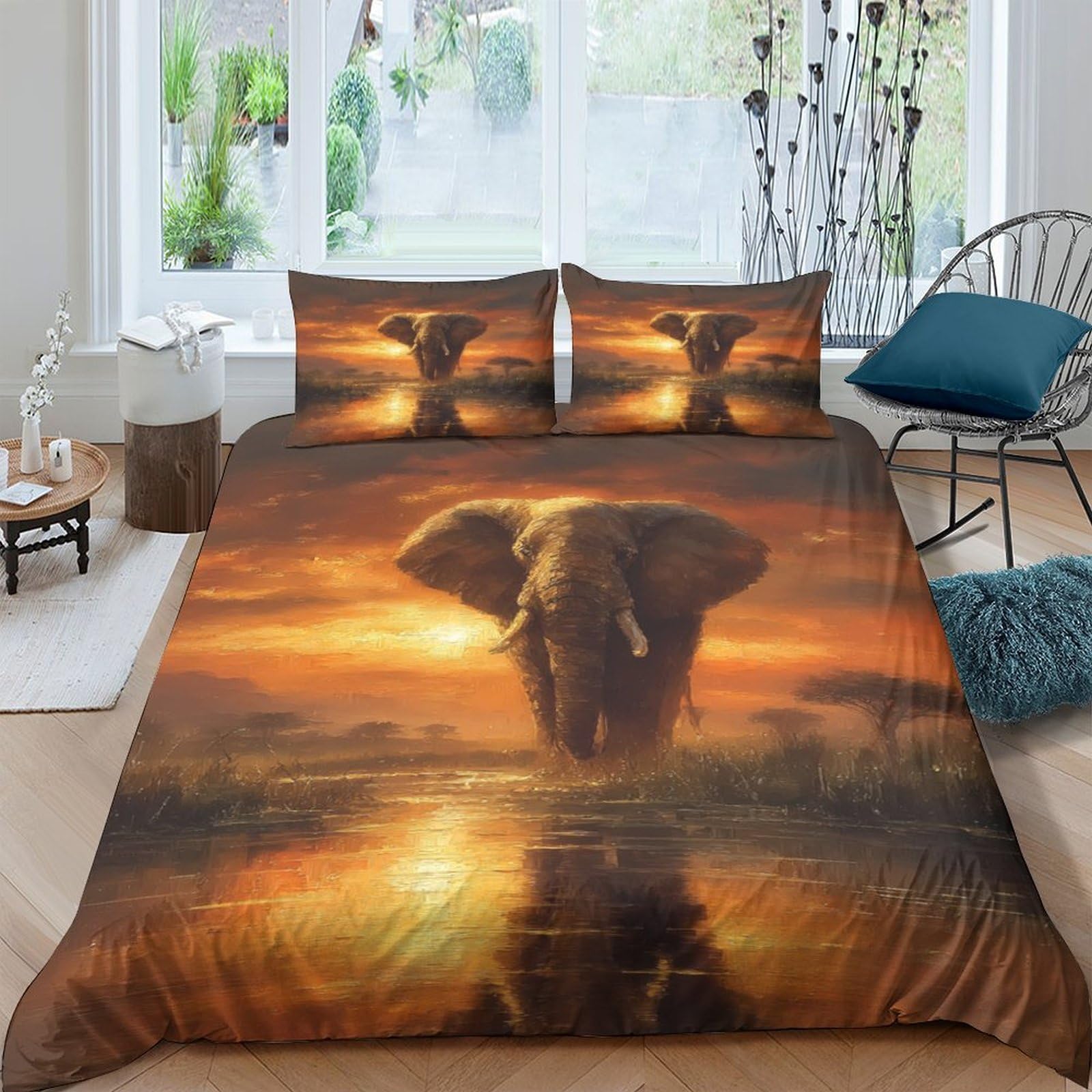 Ctjqhvkz Style-1 3D Printed Sunset Elephant Fitted Sheet Microfiber Soft Breathable African Wildlife Mattress Cover For Bedroom Decor Single（135X200cm）