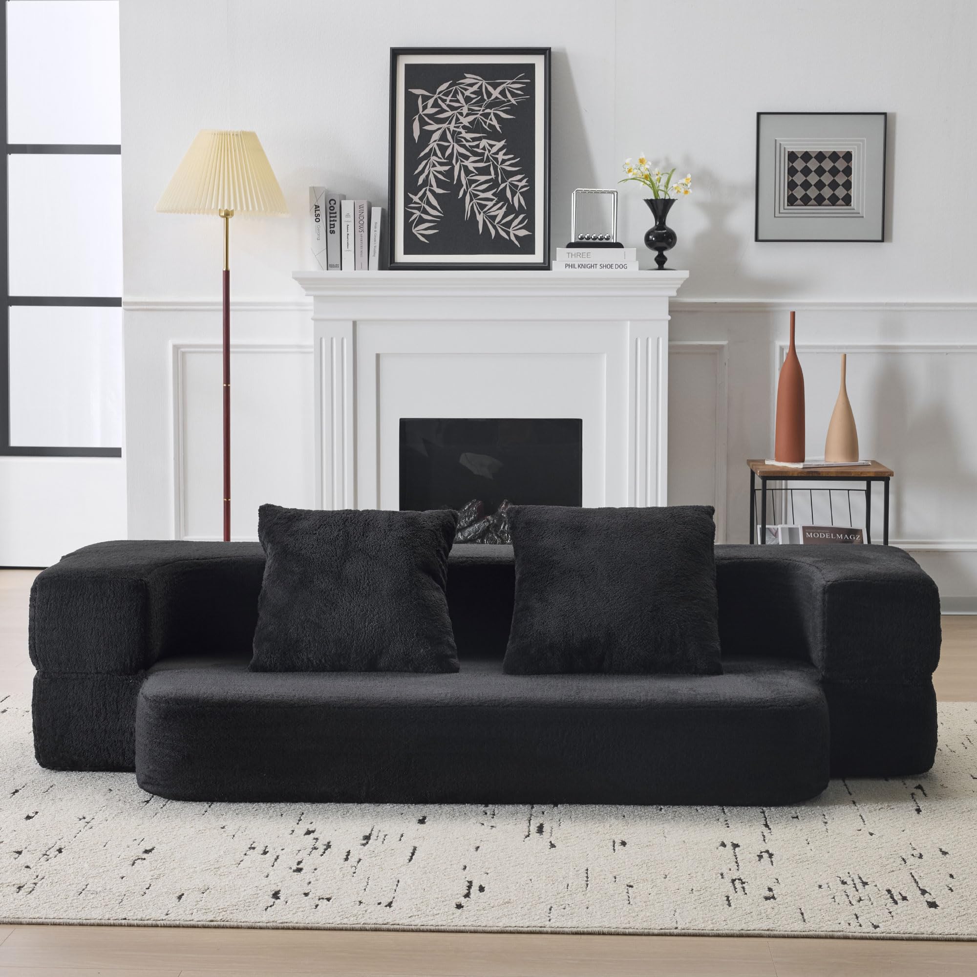 Sofá multifuncional con 2 cojines, sofá convertible moderno, sofá de 2 plazas de suelo, ahorro de espacio, espuma de alta resistencia, para sala de estar y dormitorio, no requiere montaje, negro