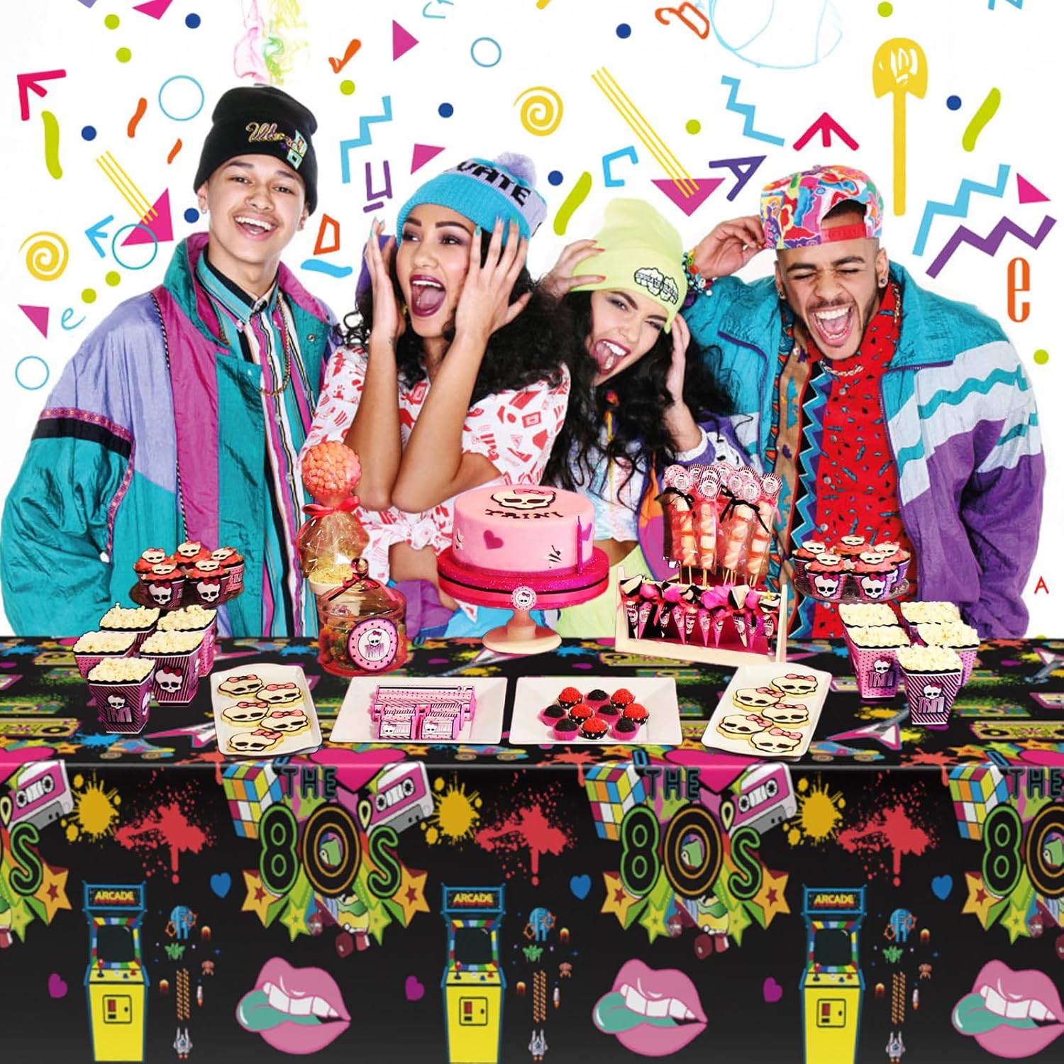 3 Pack 80s Party Tablecloth, Back to 80's Table Cloth - Rectangle, 1980s Hip Hop Decoration, Black Plastic Table Cover - Disposable for Throwback Theme Birthday Party, 54x108 inch