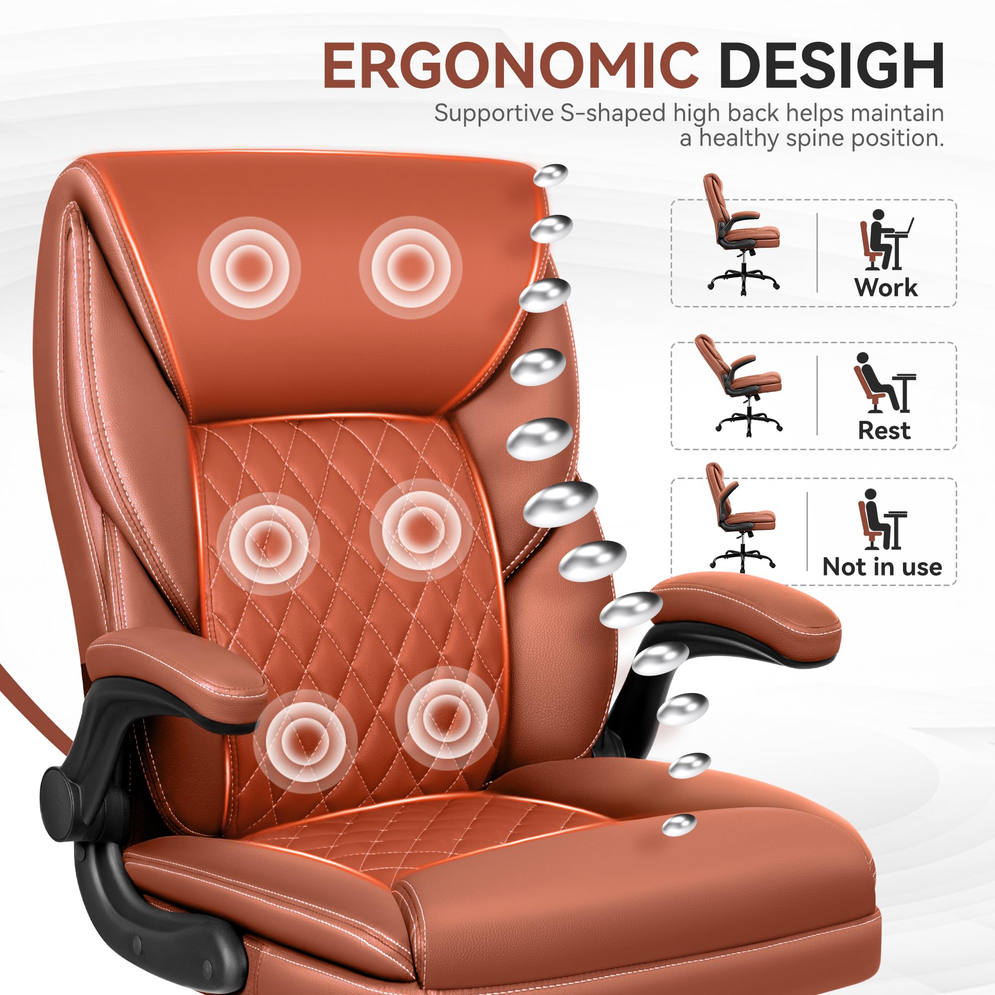 Sedia da ufficio ergonomica con funzione basculante, sedia da scrivania regolabile in altezza, in ecopelle, 150 kg, colore marrone