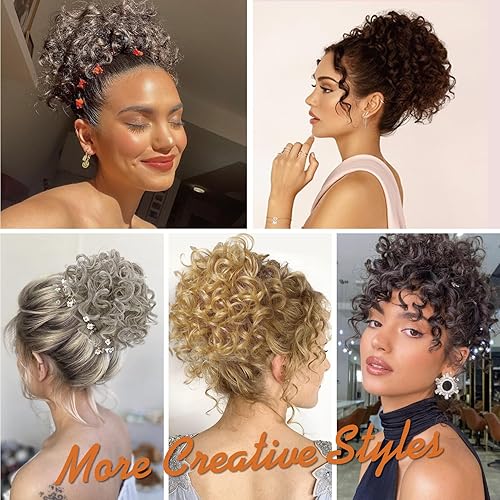 Miniatura 6 de Moño desordenado, cordón elástico, suelto, ondulado, grande, rizado, extensiones de cola de caballo cortas, extensiones de moño sintético para mujer