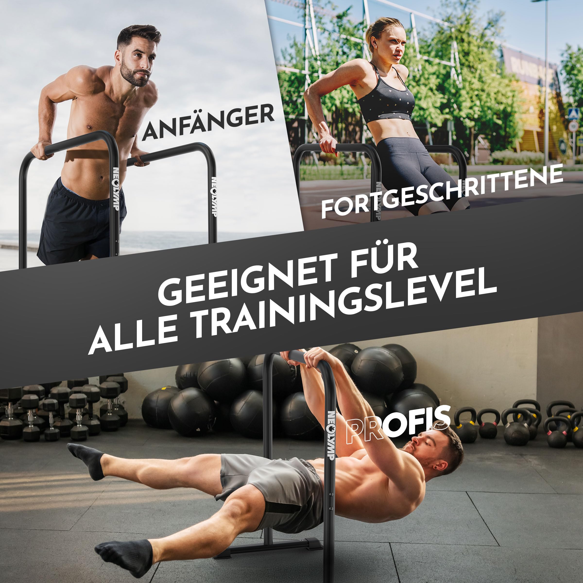 NEOLYMP Dip Barren Calisthenics Equipment – 400 kg belastbare Dip Station mit E-Book - verstellbare Breite – 90 cm Höhe mit rutschfesten Füßen – rostfreie Dip Stange Fitnessgeräte für Zuhause
