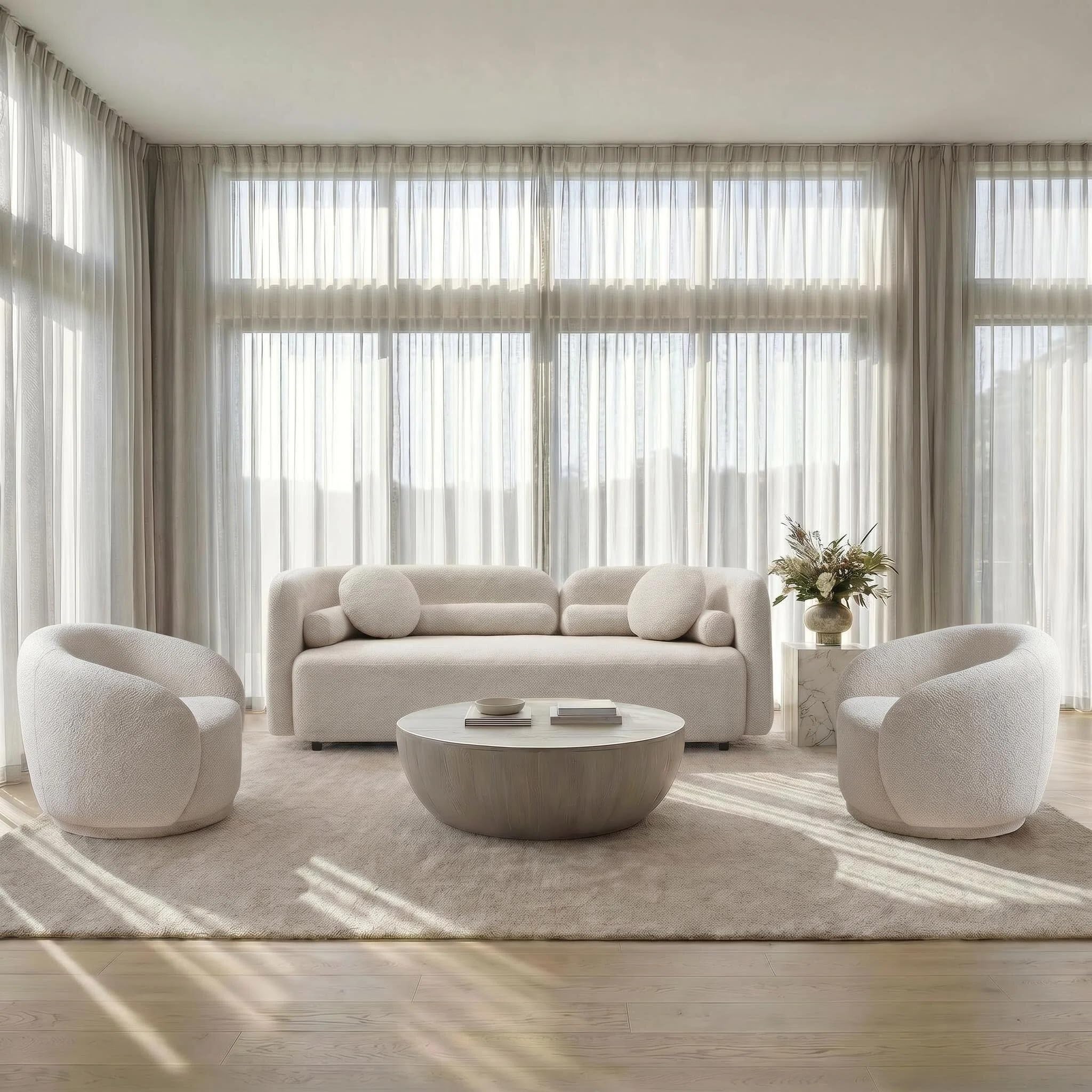 3-Piece Curved Sofa Set, Beige Boucle with Swivel Chairs